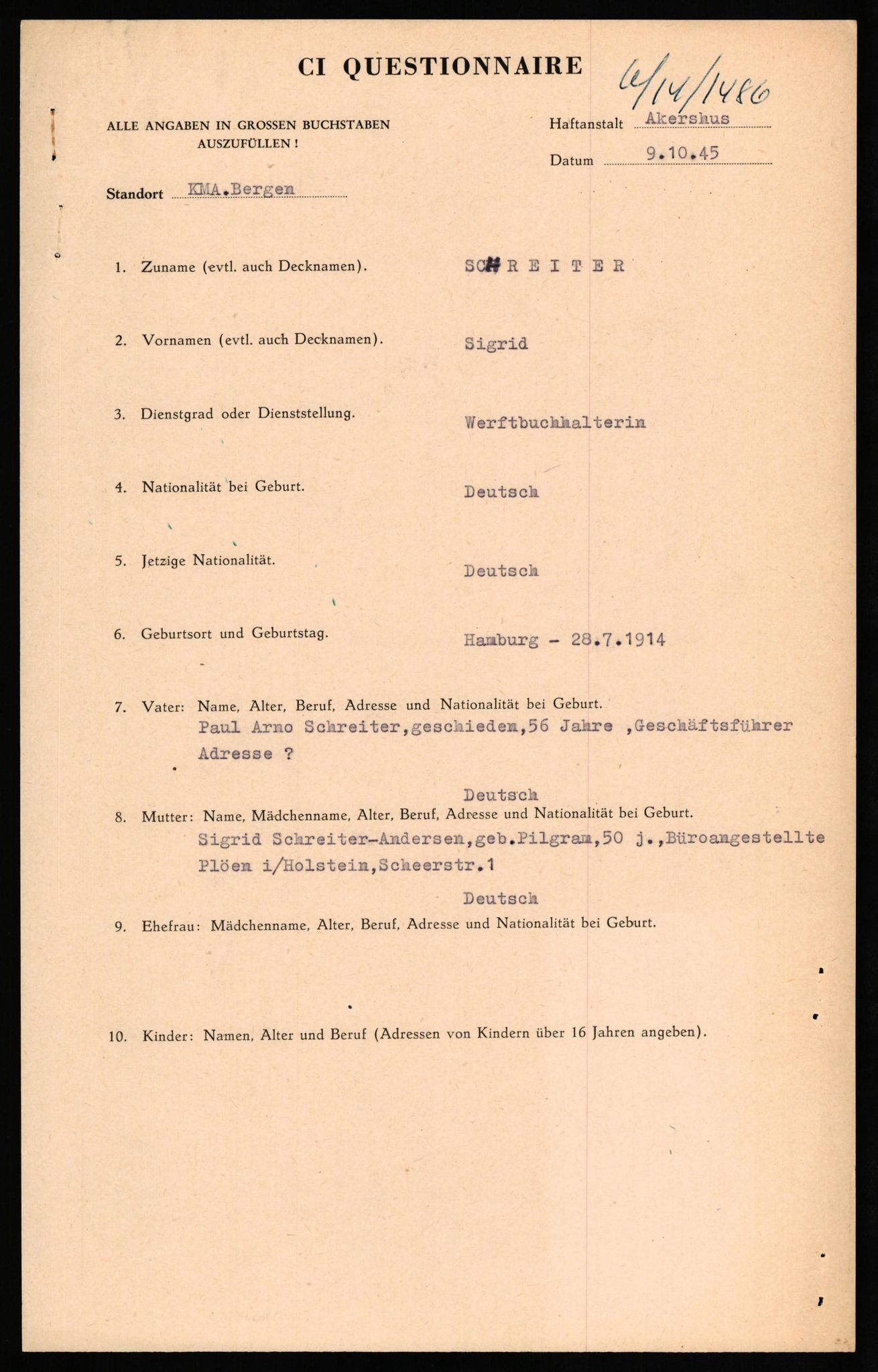 Forsvaret, Forsvarets overkommando II, AV/RA-RAFA-3915/D/Db/L0030: CI Questionaires. Tyske okkupasjonsstyrker i Norge. Tyskere., 1945-1946, p. 244