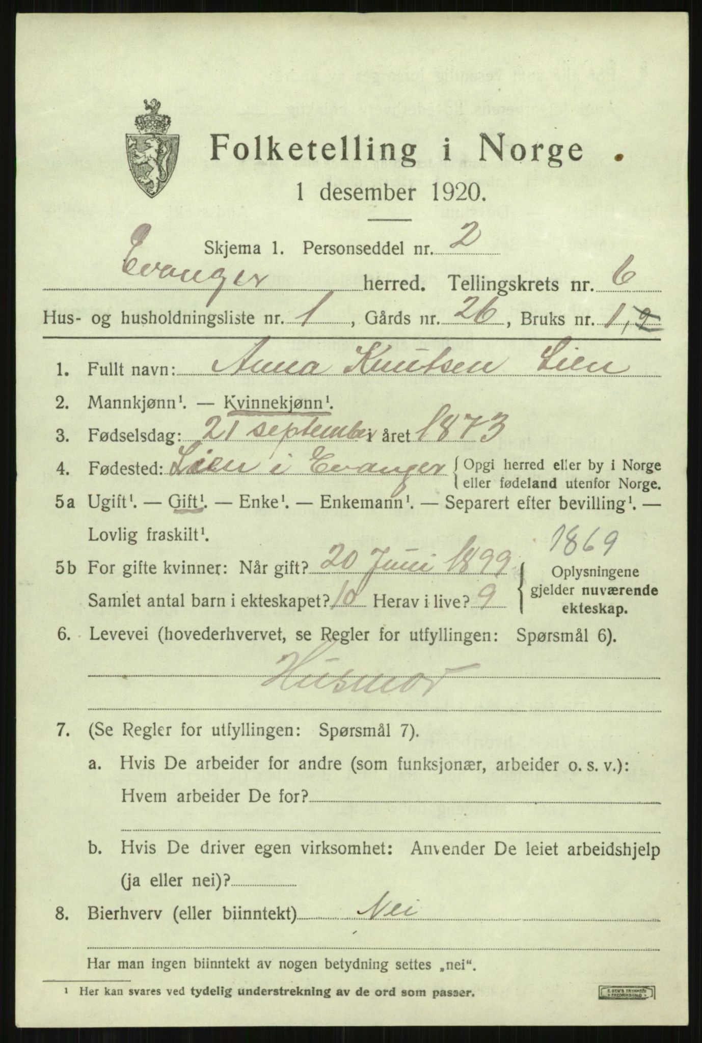 SAB, 1920 census for Evanger, 1920, p. 1911