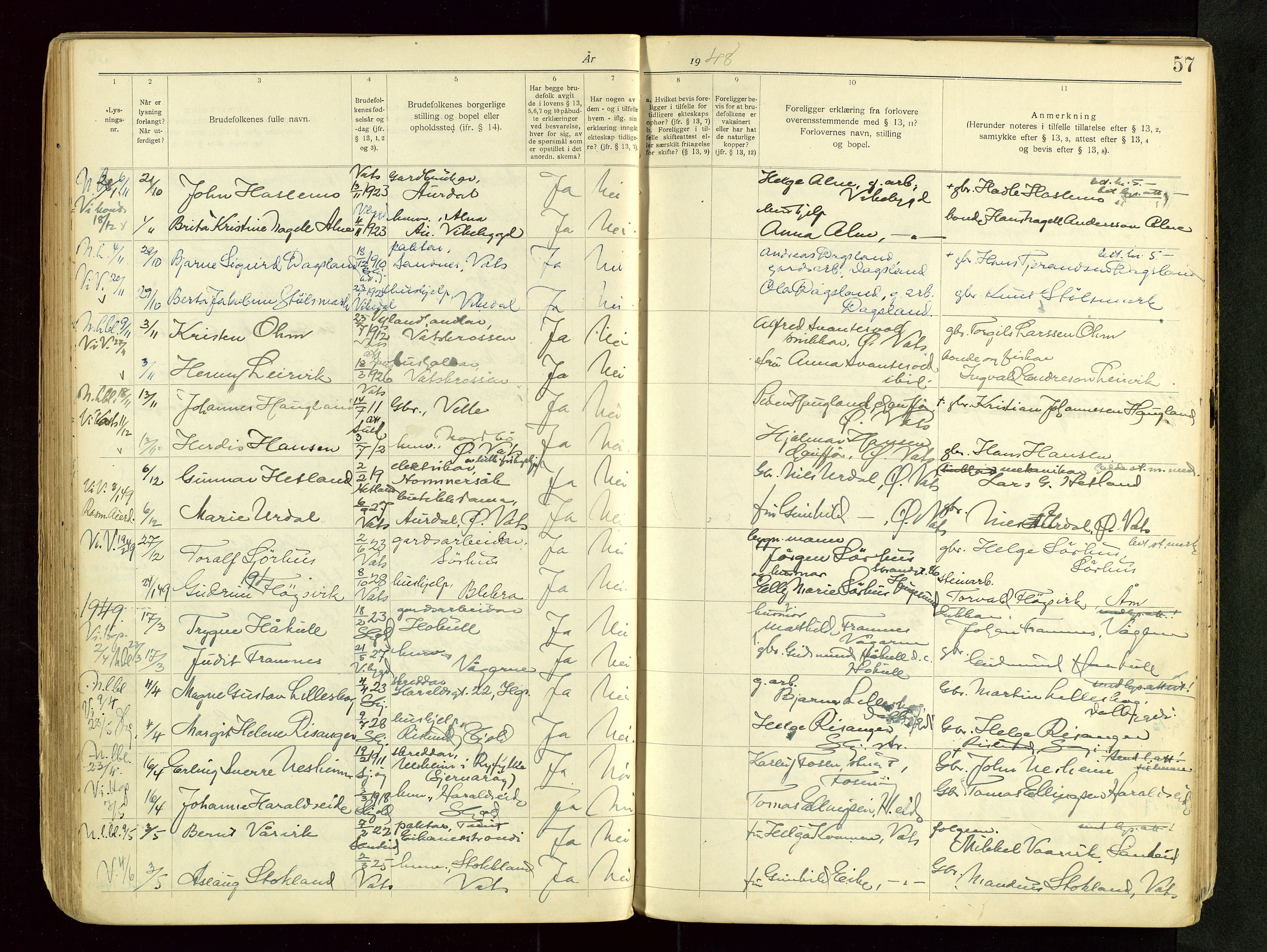 Skjold sokneprestkontor, AV/SAST-A-101847/I/Ie/L0001: Banns register no. 1, 1919-1966, p. 57