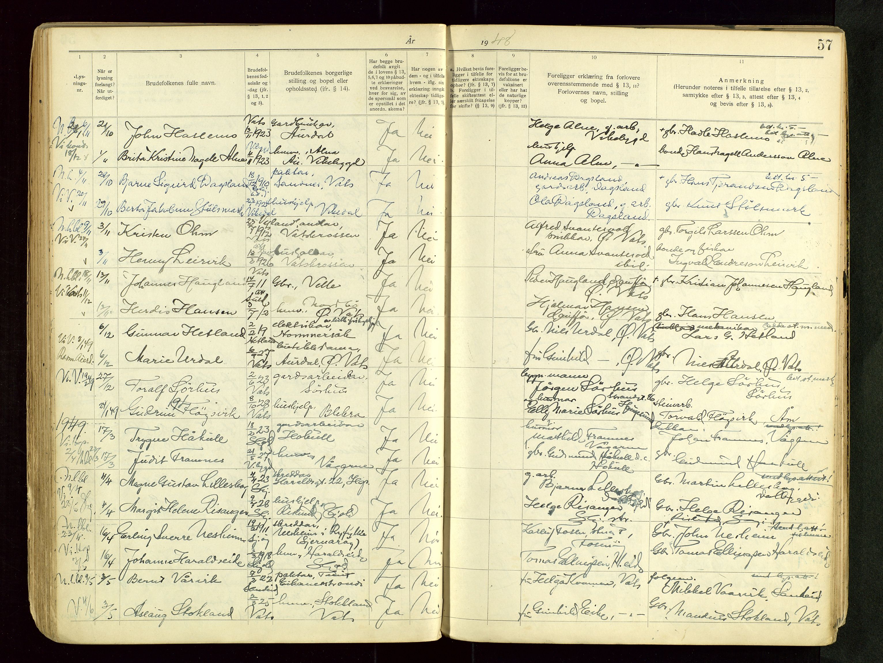 Skjold sokneprestkontor, SAST/A-101847/I/Ie/L0001: Banns register no. 1, 1919-1966, p. 57