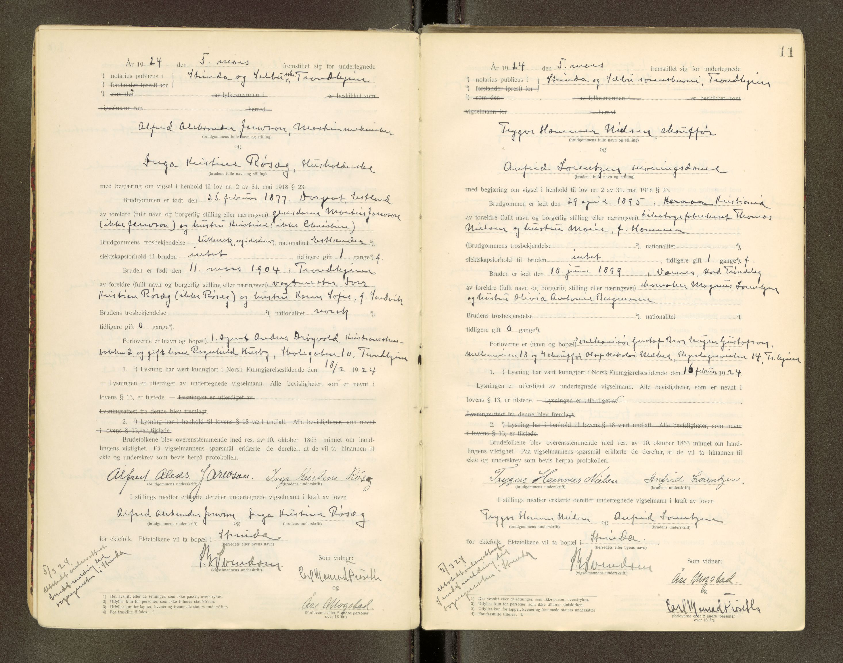 Strinda og Selbu sorenskriveri, AV/SAT-A-0015/6/6D/L0003: Vigselsbok, 1920-1942, p. 11