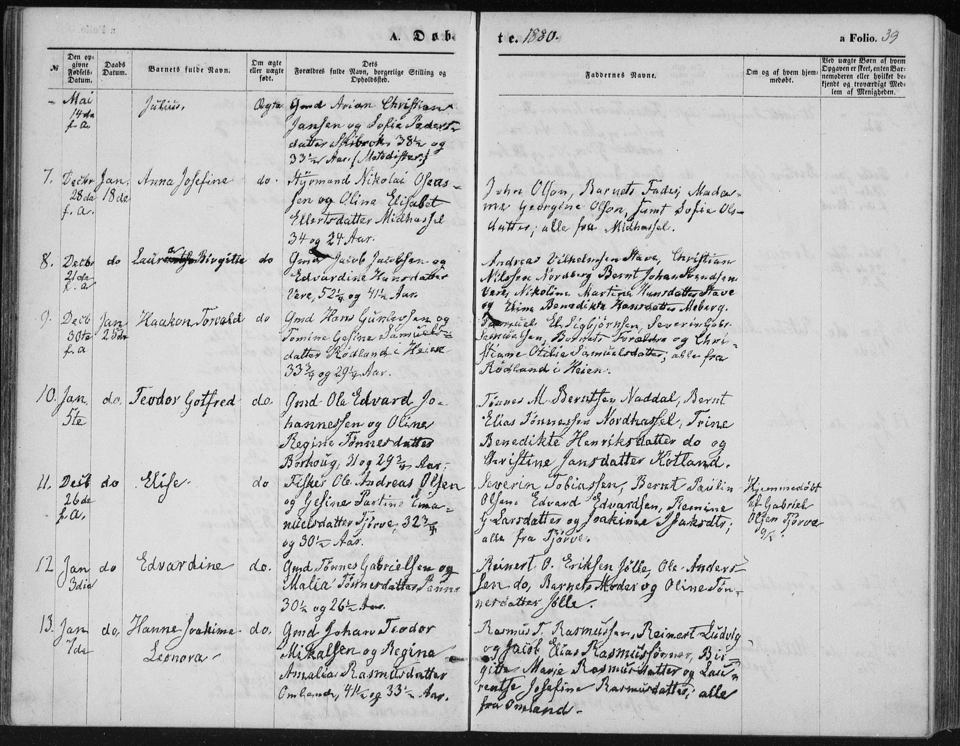 Lista sokneprestkontor, AV/SAK-1111-0027/F/Fb/L0004: Parish register (copy) no. B 4, 1877-1891, p. 39