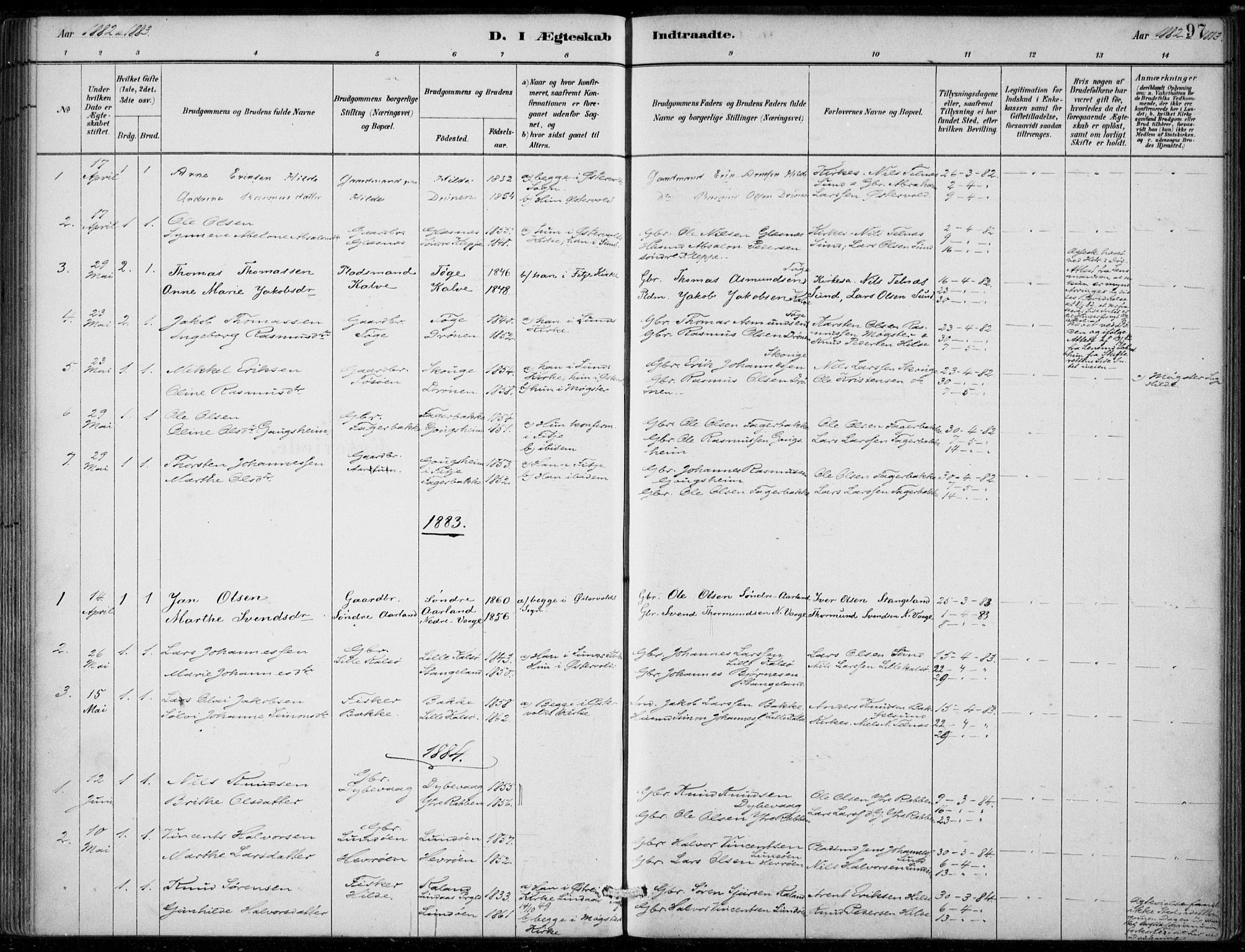 Sund sokneprestembete, AV/SAB-A-99930: Parish register (official) no. D 1, 1882-1899, p. 97