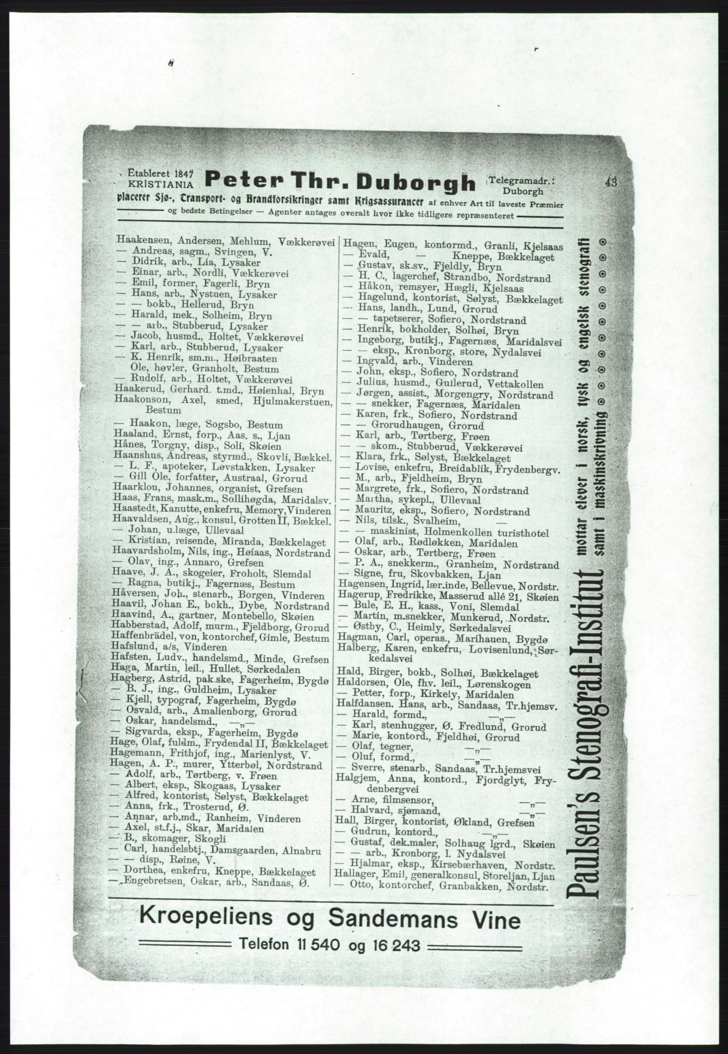 Aker adressebok/adressekalender, PUBL/001/A/001: Akers adressebok, 1916-1917, p. 43