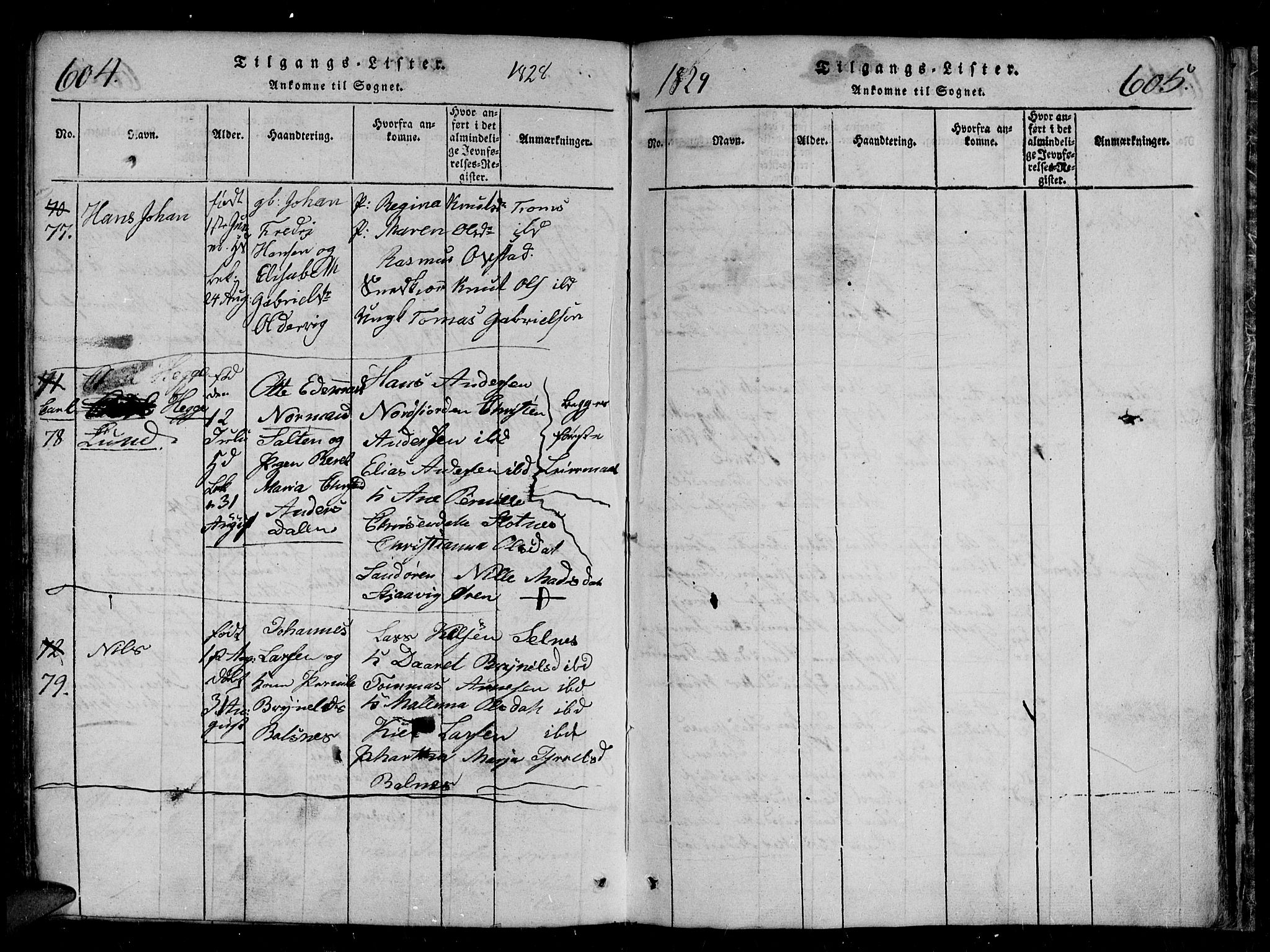 Tromsø sokneprestkontor/stiftsprosti/domprosti, AV/SATØ-S-1343/G/Gb/L0001klokker: Parish register (copy) no. 1, 1821-1833, p. 604-605