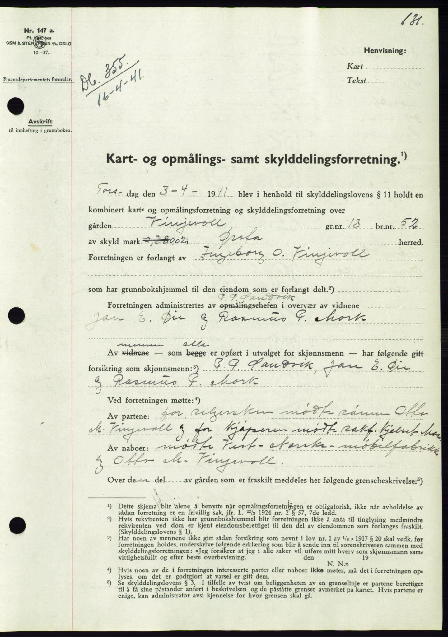 Søre Sunnmøre sorenskriveri, AV/SAT-A-4122/1/2/2C/L0071: Mortgage book no. 65, 1941-1941, Diary no: : 355/1941