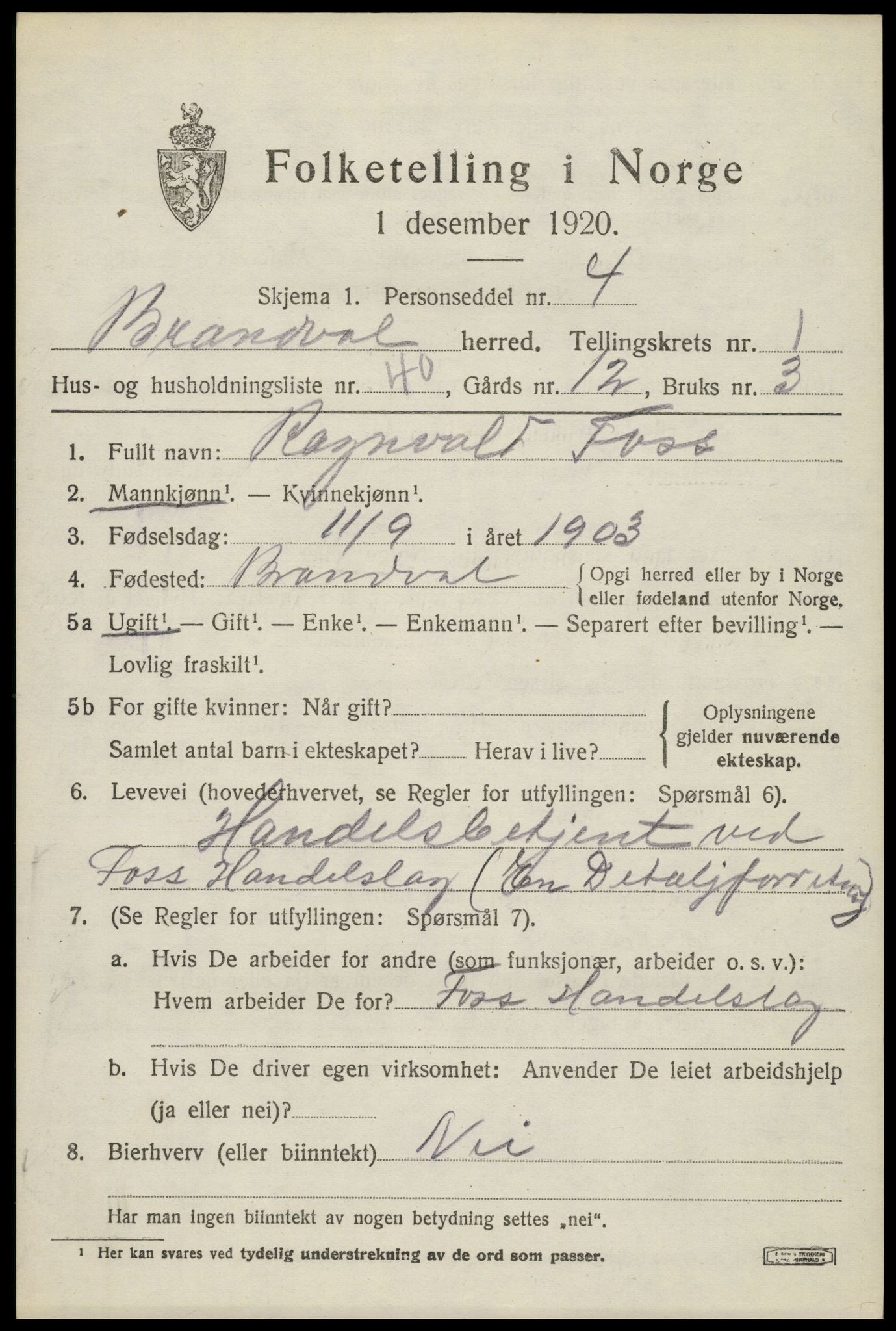SAH, 1920 census for Brandval, 1920, p. 2030