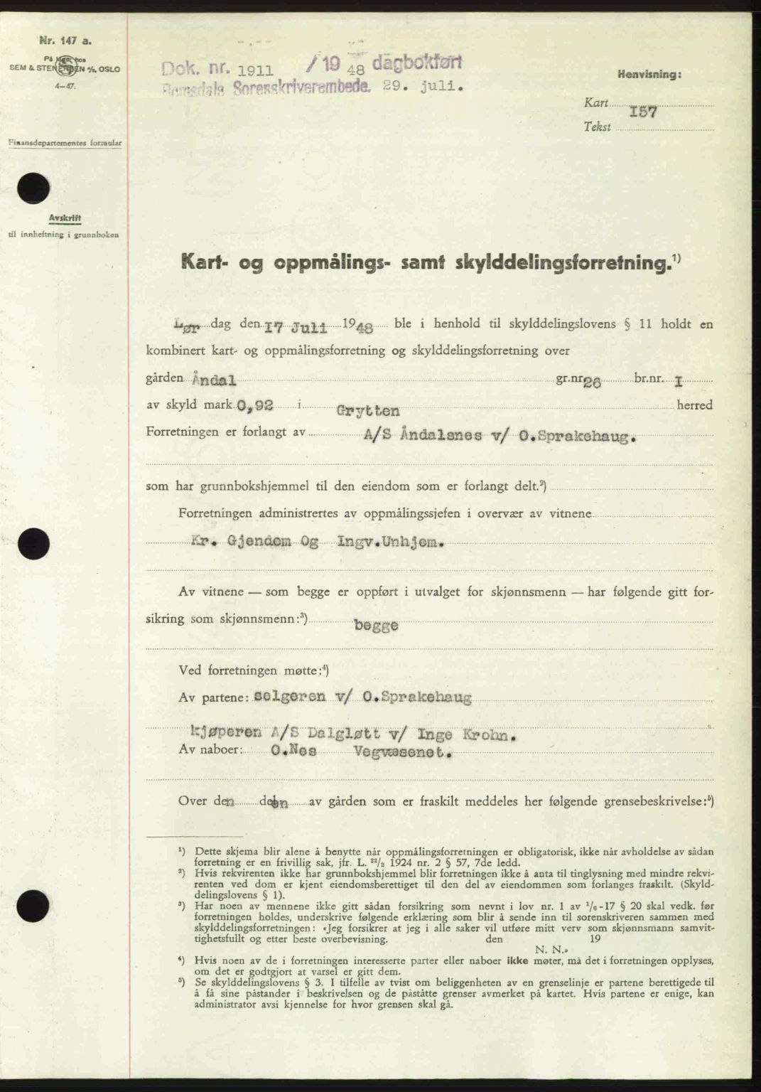 Romsdal sorenskriveri, AV/SAT-A-4149/1/2/2C: Mortgage book no. A26, 1948-1948, Diary no: : 1911/1948