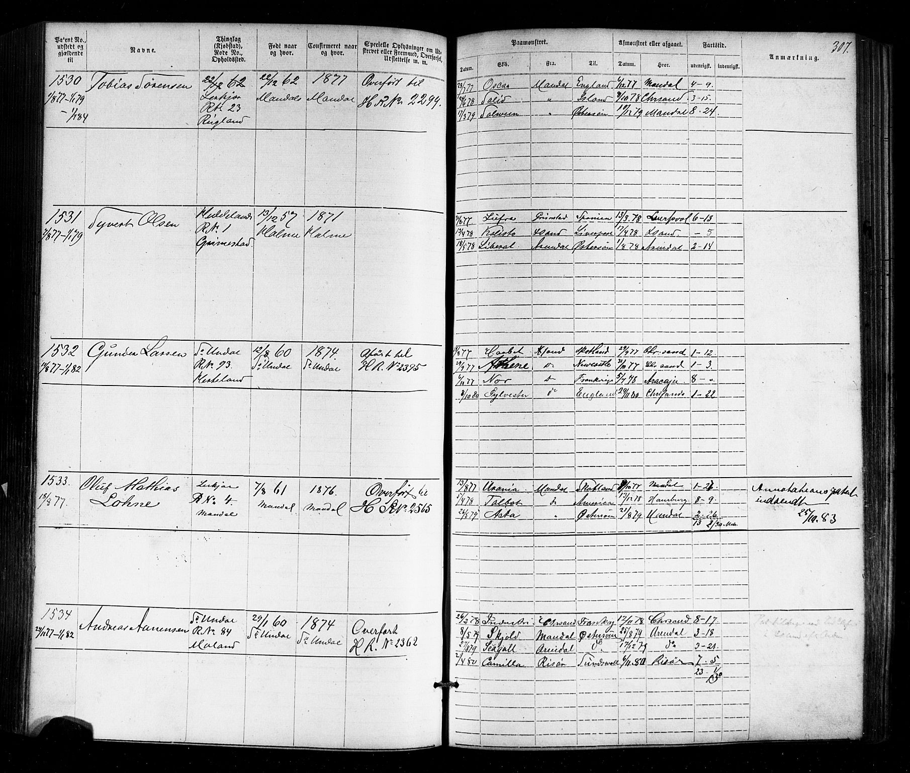 Mandal mønstringskrets, AV/SAK-2031-0016/F/Fa/L0005: Annotasjonsrulle nr 1-1909 med register, Y-15, 1868-1880, p. 351