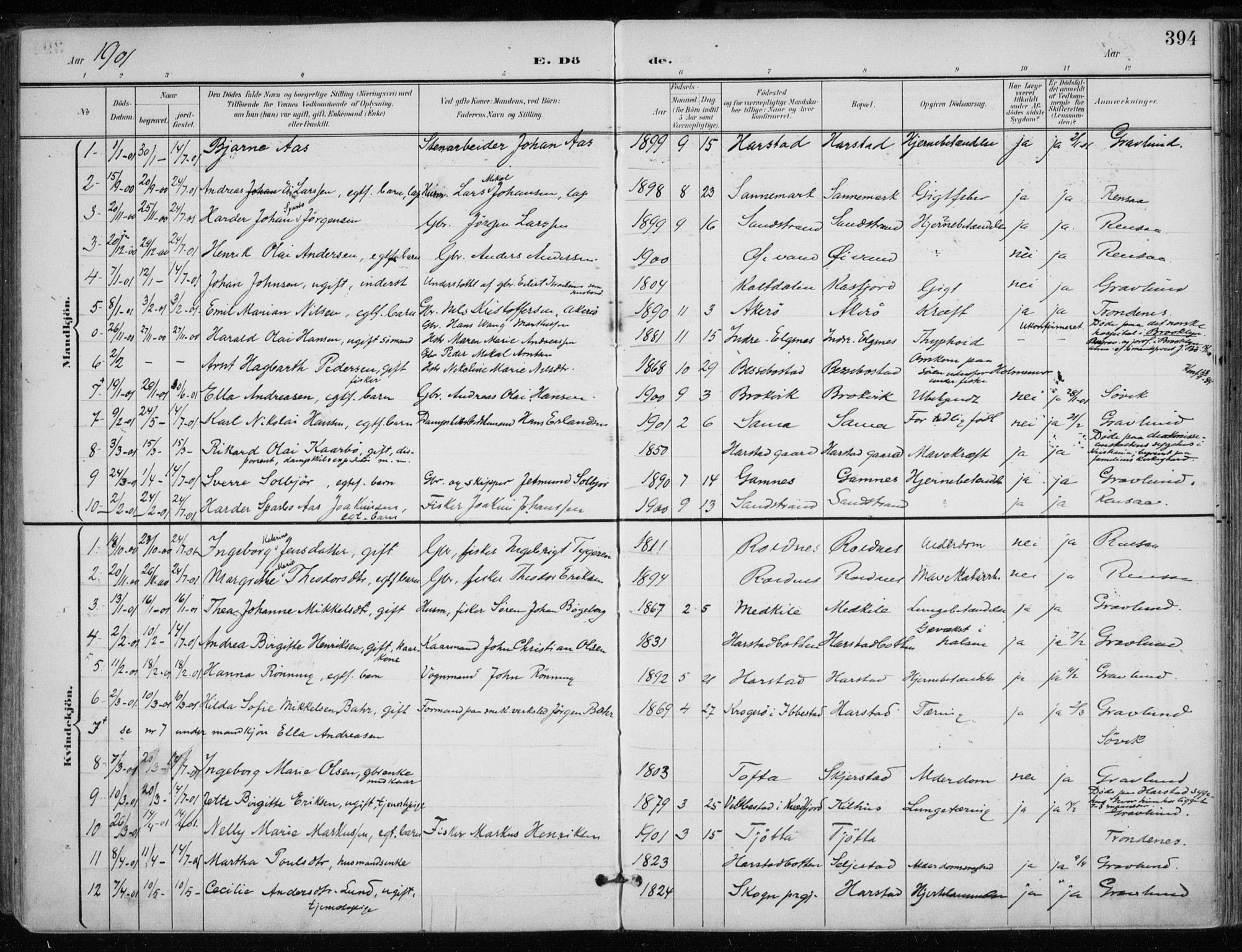 Trondenes sokneprestkontor, AV/SATØ-S-1319/H/Ha/L0017kirke: Parish register (official) no. 17, 1899-1908, p. 394