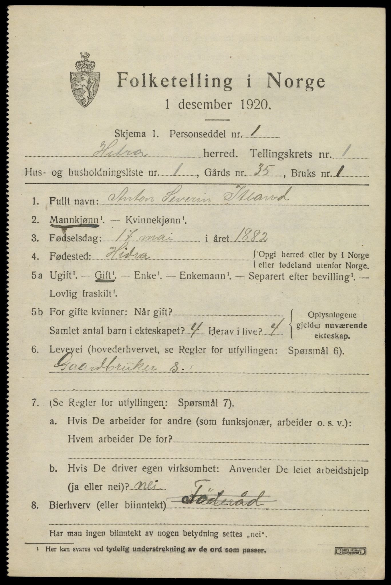 SAK, 1920 census for Hidra, 1920, p. 824