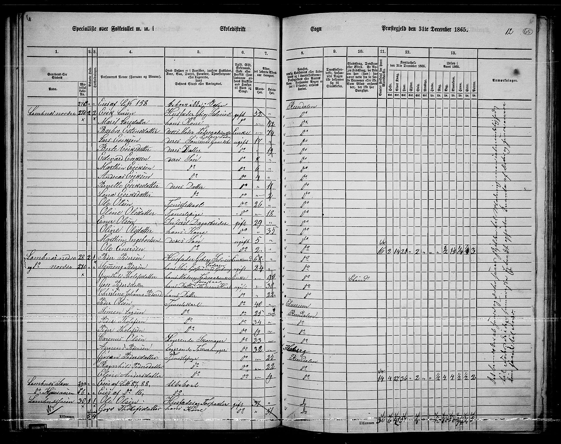 RA, 1865 census for Rendalen, 1865, p. 58