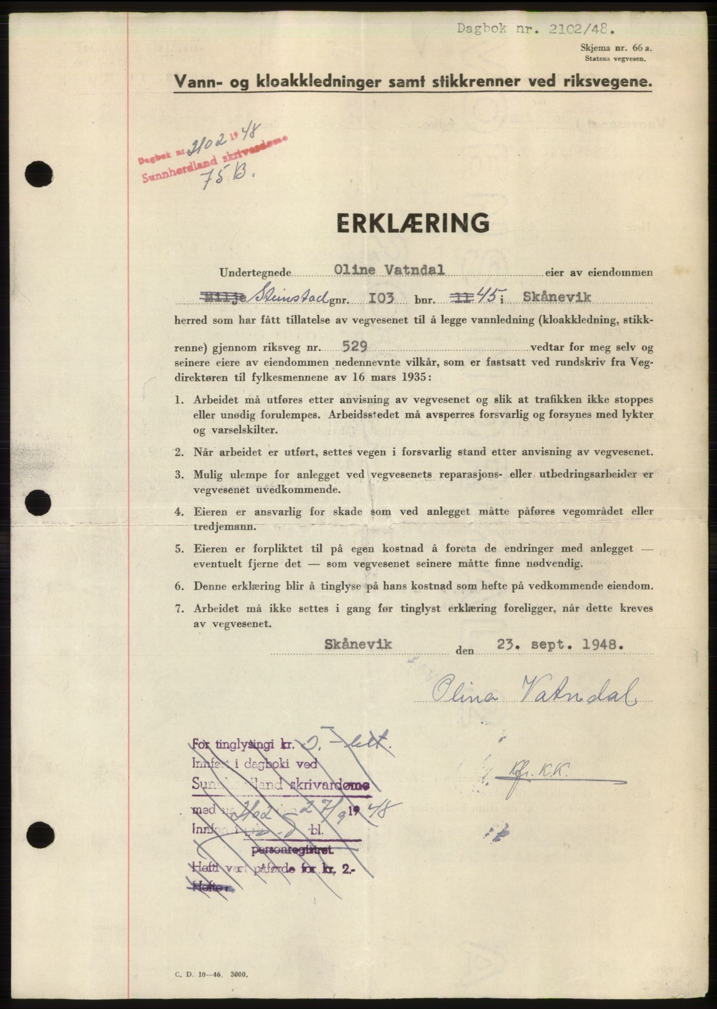 Sunnhordland sorenskrivar, AV/SAB-A-2401: Mortgage book no. B75-79, 1948-1950, Diary no: : 2102/1948