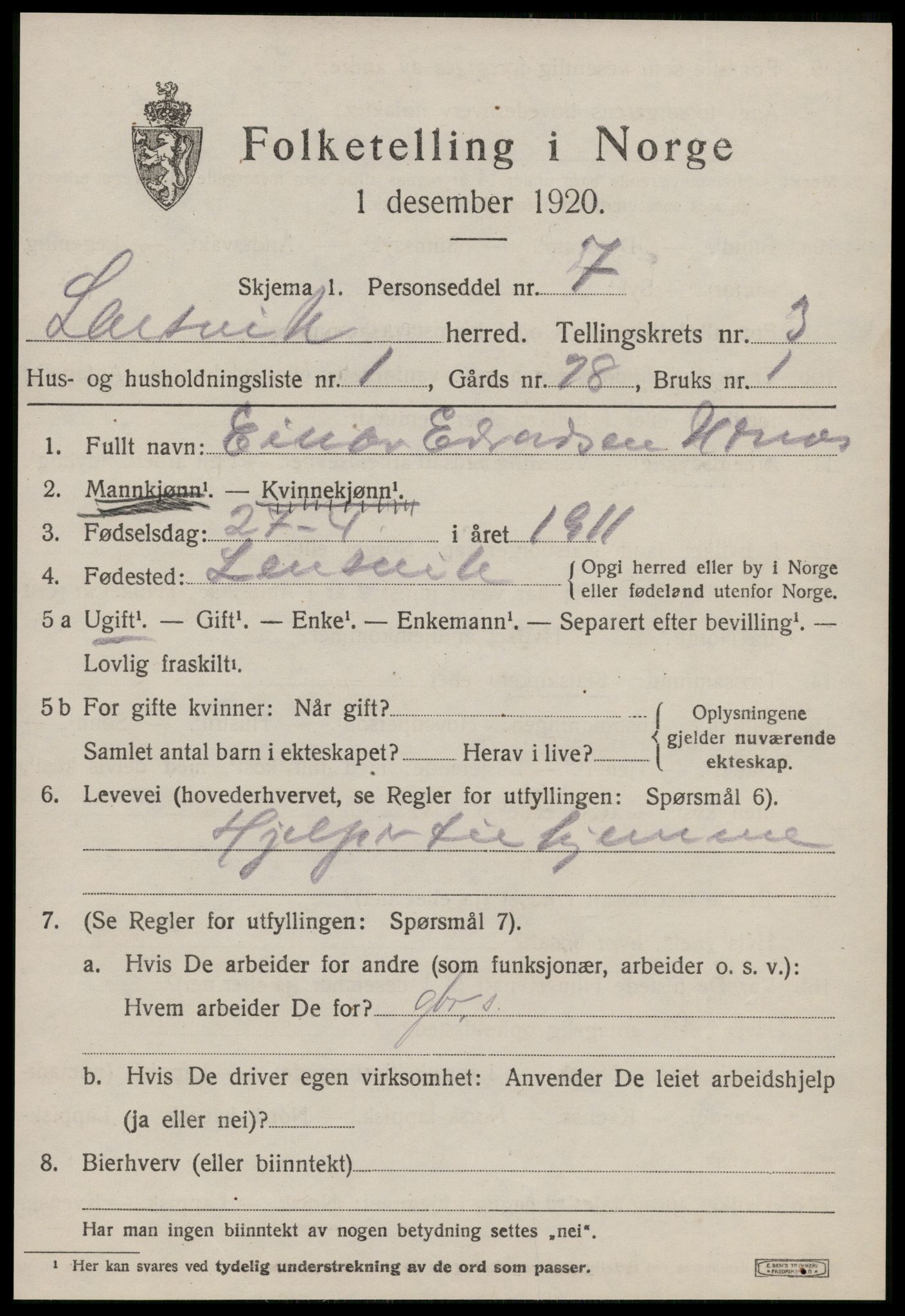 SAT, 1920 census for Lensvik, 1920, p. 1720