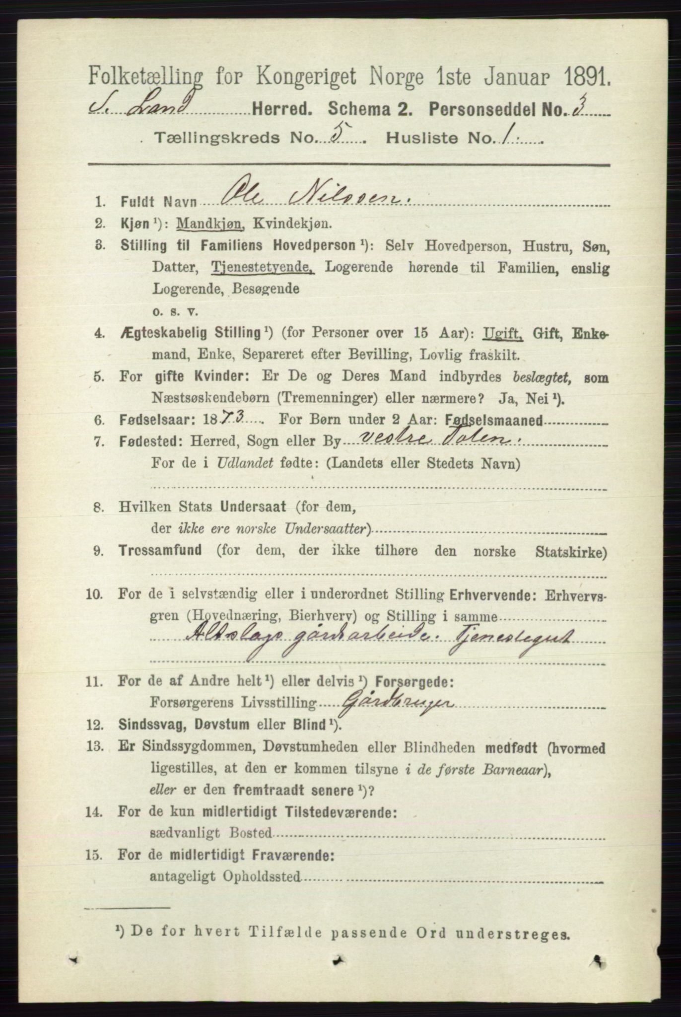 RA, 1891 census for 0536 Søndre Land, 1891, p. 4812