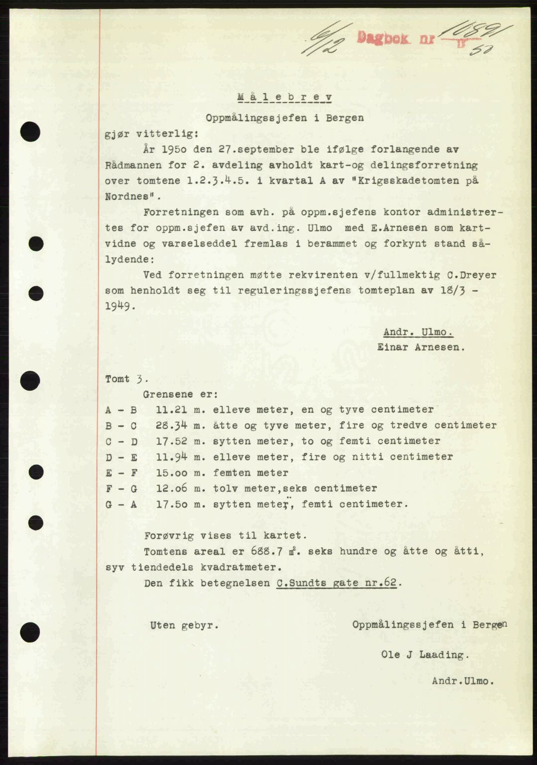 Byfogd og Byskriver i Bergen, SAB/A-3401/03/03Bc/L0034: Mortgage book no. A27-28, 1950-1950, Diary no: : 10891/1950