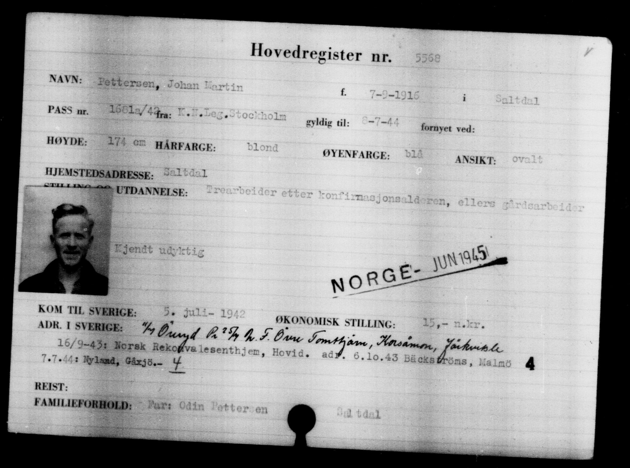 Utenriksstasjonene, Legasjonen i Stockholm, Flyktningkontoret, AV/RA-S-6753/V/Va/L0004: Kjesäterkartoteket, flyktninger med registreringsnr. 3496-6610, 1940-1945, p. 2398