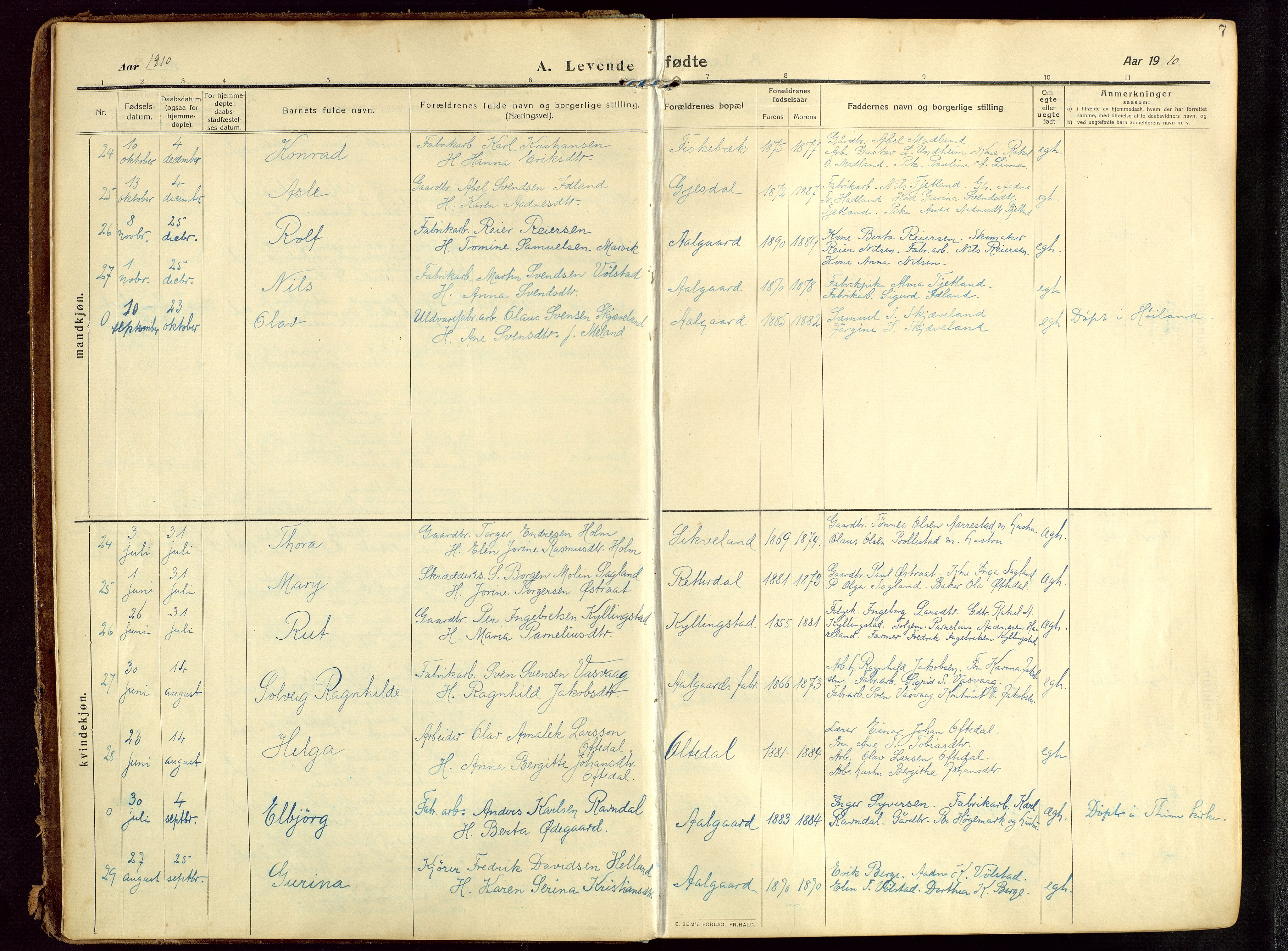 Lye sokneprestkontor, AV/SAST-A-101794/002/B/L0001: Parish register (official) no. A 13, 1910-1925, p. 7