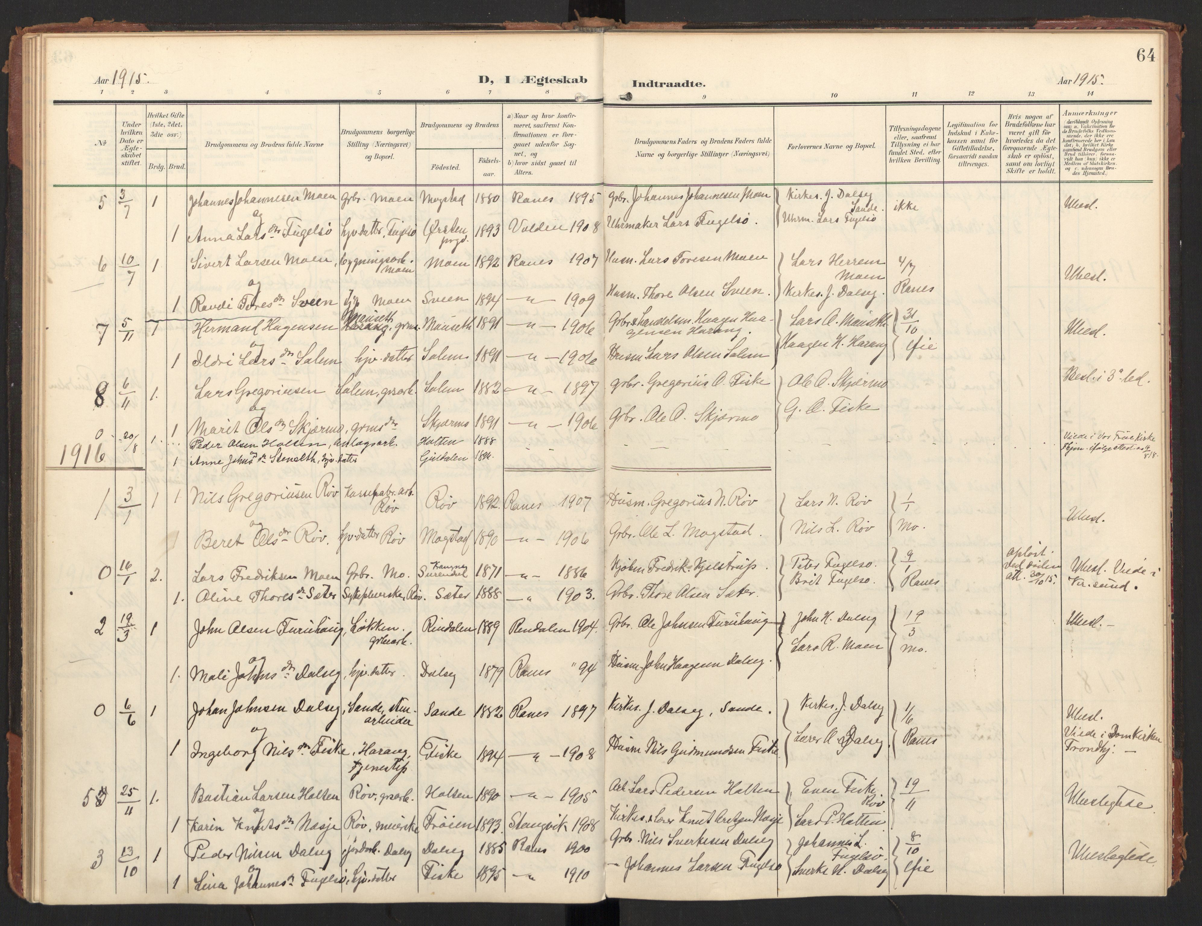Ministerialprotokoller, klokkerbøker og fødselsregistre - Møre og Romsdal, SAT/A-1454/597/L1063: Parish register (official) no. 597A02, 1905-1923, p. 64