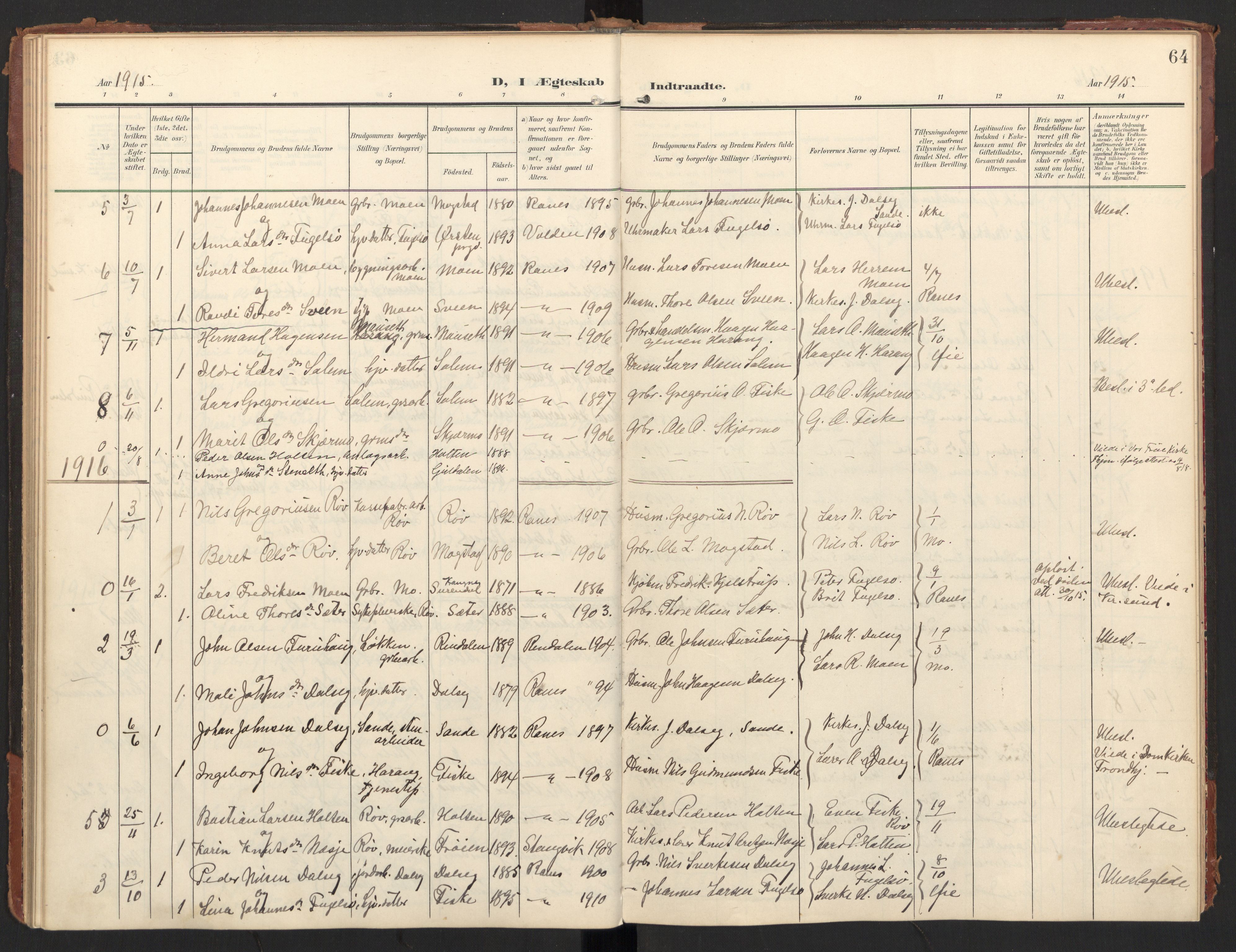 Ministerialprotokoller, klokkerbøker og fødselsregistre - Møre og Romsdal, AV/SAT-A-1454/597/L1063: Parish register (official) no. 597A02, 1905-1923, p. 64