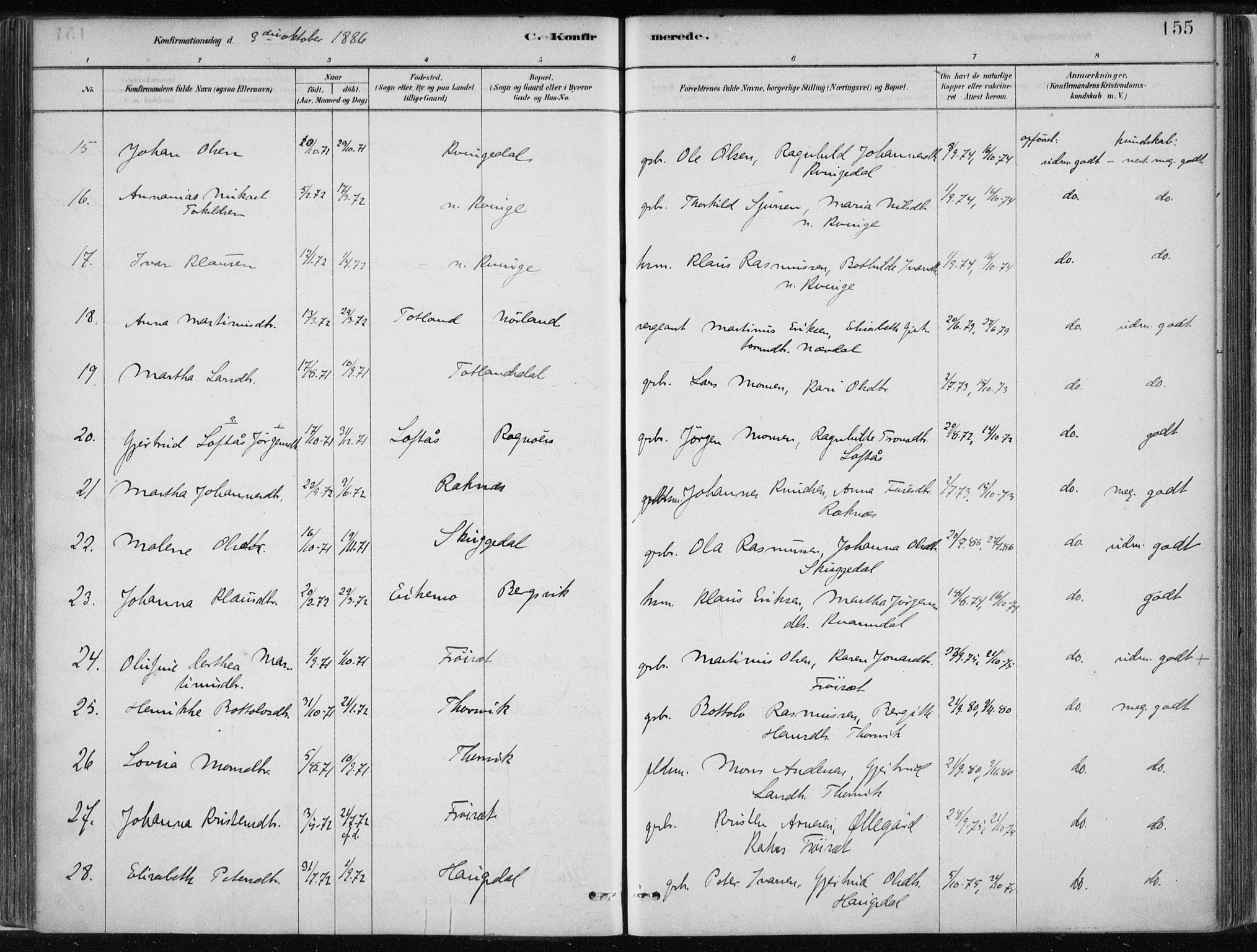 Masfjorden Sokneprestembete, SAB/A-77001: Parish register (official) no. B  1, 1876-1899, p. 155