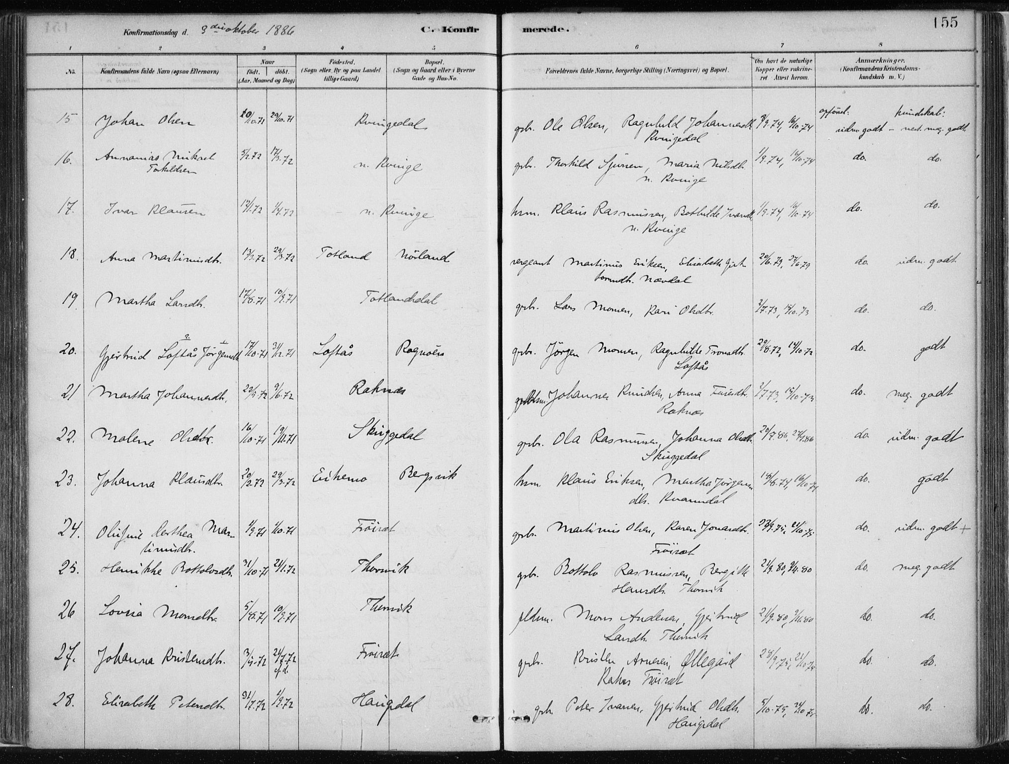 Masfjorden Sokneprestembete, AV/SAB-A-77001: Parish register (official) no. B  1, 1876-1899, p. 155