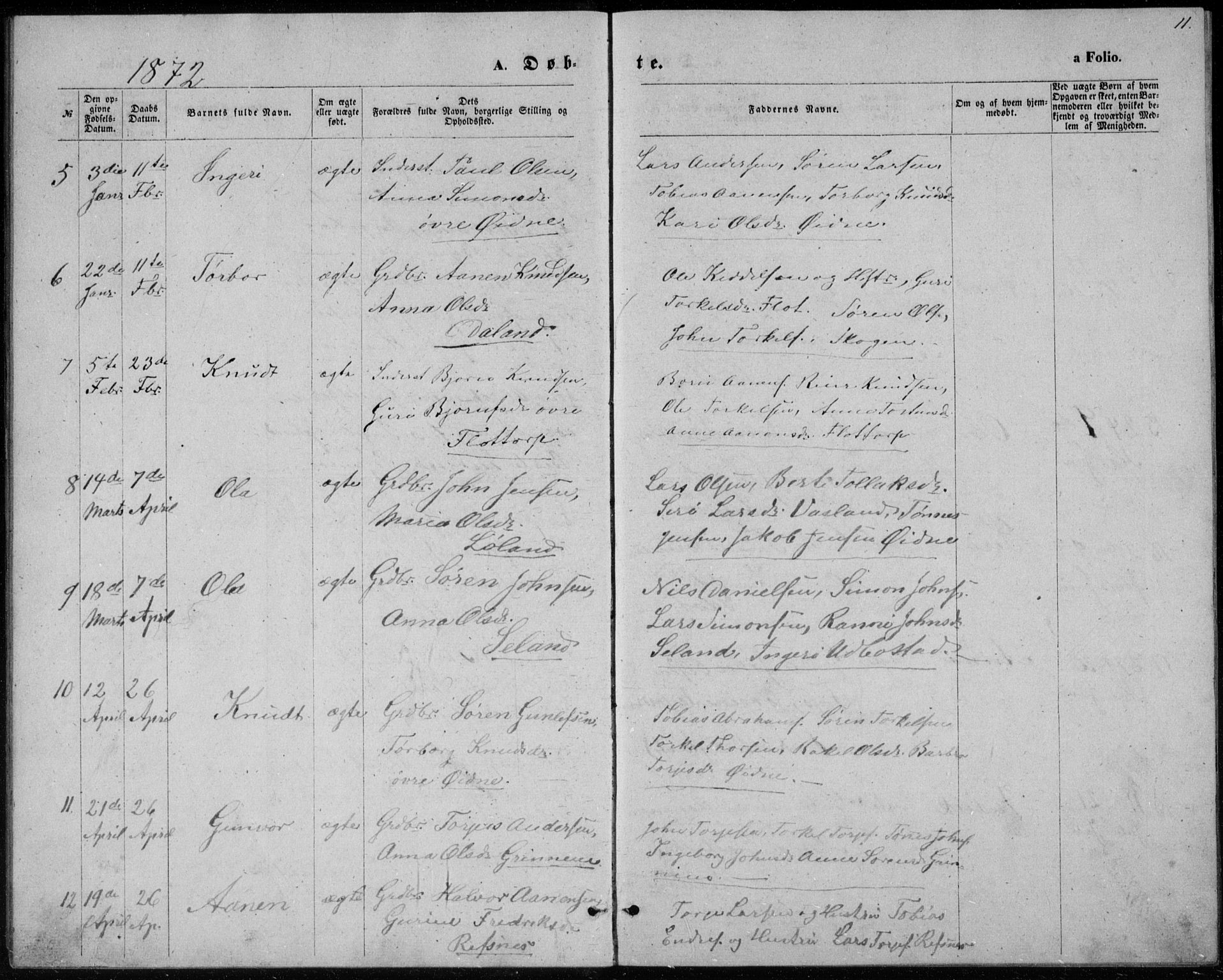 Bjelland sokneprestkontor, AV/SAK-1111-0005/F/Fb/Fbc/L0002: Parish register (copy) no. B 2, 1867-1887, p. 11