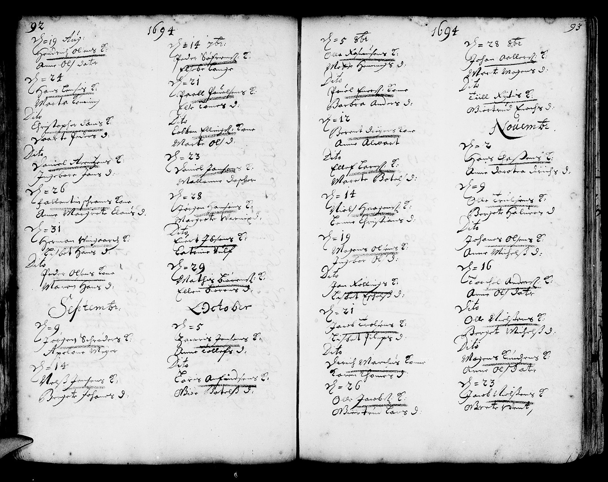 Korskirken sokneprestembete, SAB/A-76101/H/Haa/L0002: Parish register (official) no. A 2, 1688-1697, p. 92-93