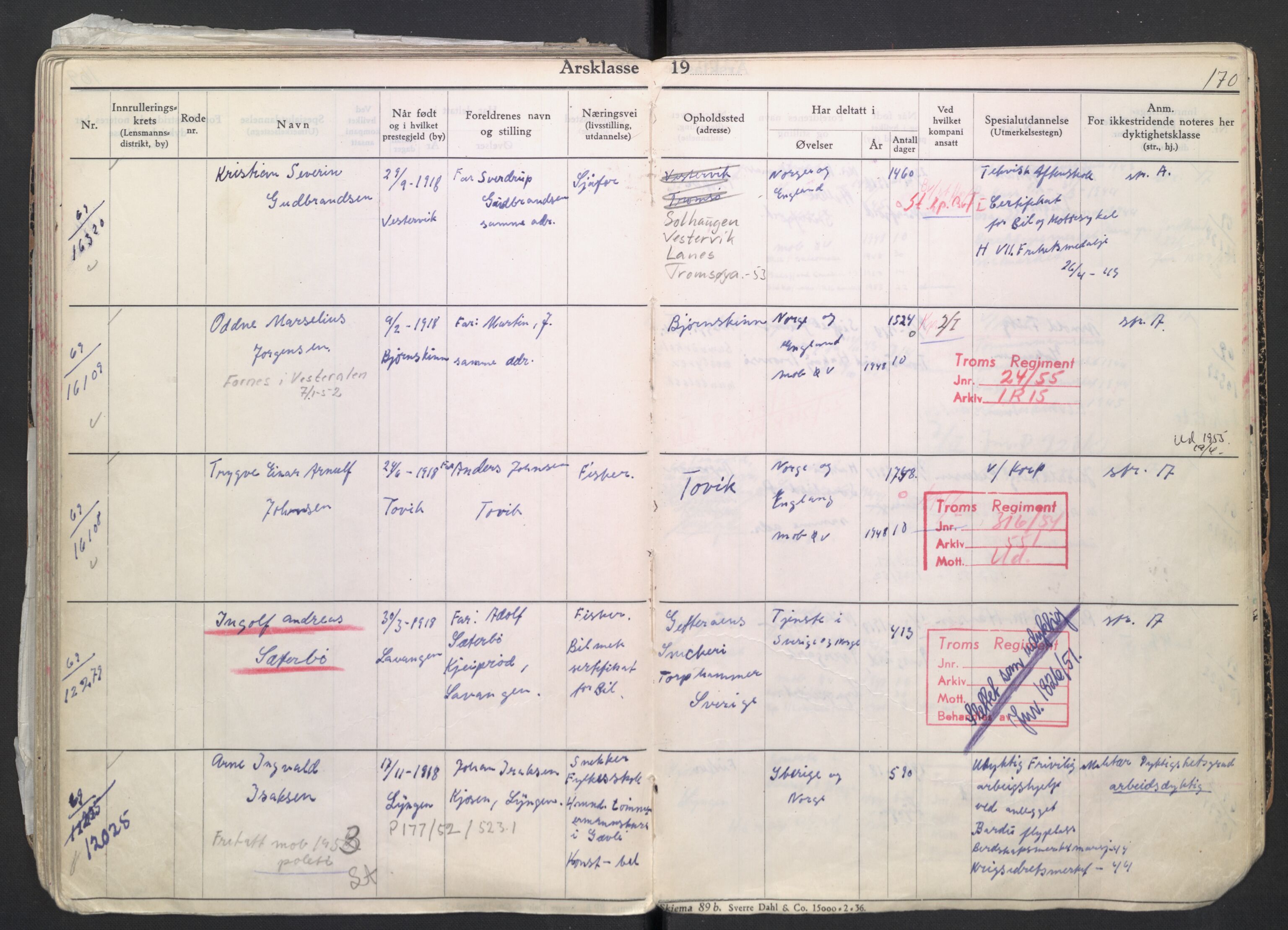 Forsvaret, Troms infanteriregiment nr. 16, AV/RA-RAFA-3146/P/Pa/L0007/0004: Ruller / Rulle for regimentets menige mannskaper, årsklasse 1939, 1939, p. 170