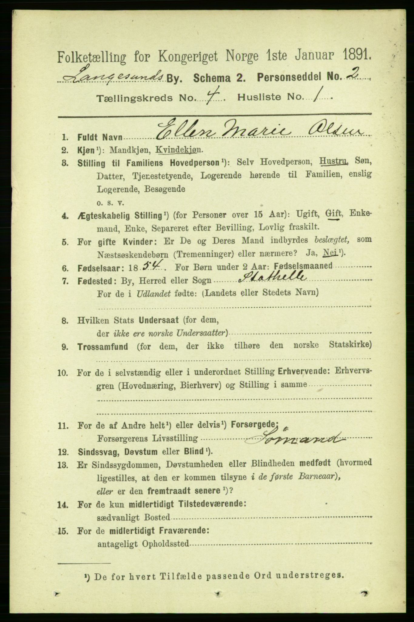 RA, 1891 census for 0802 Langesund, 1891, p. 1154