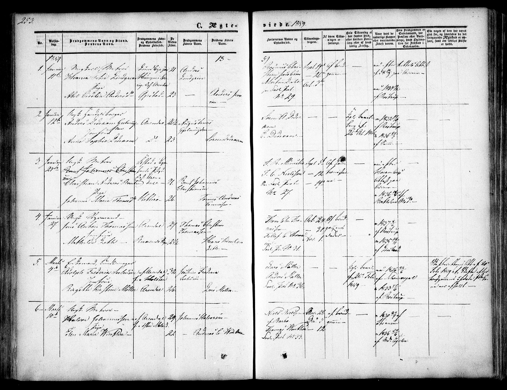 Arendal sokneprestkontor, Trefoldighet, SAK/1111-0040/F/Fa/L0006: Parish register (official) no. A 6, 1855-1868, p. 253