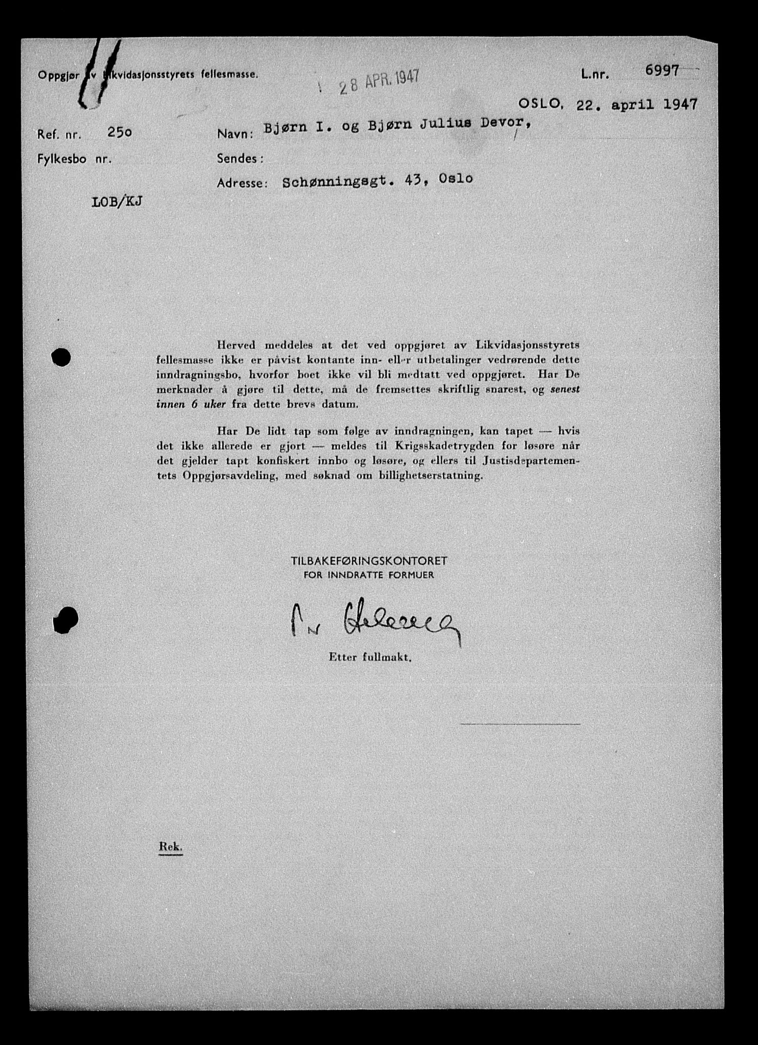 Justisdepartementet, Tilbakeføringskontoret for inndratte formuer, AV/RA-S-1564/H/Hc/Hcc/L0930: --, 1945-1947, p. 142