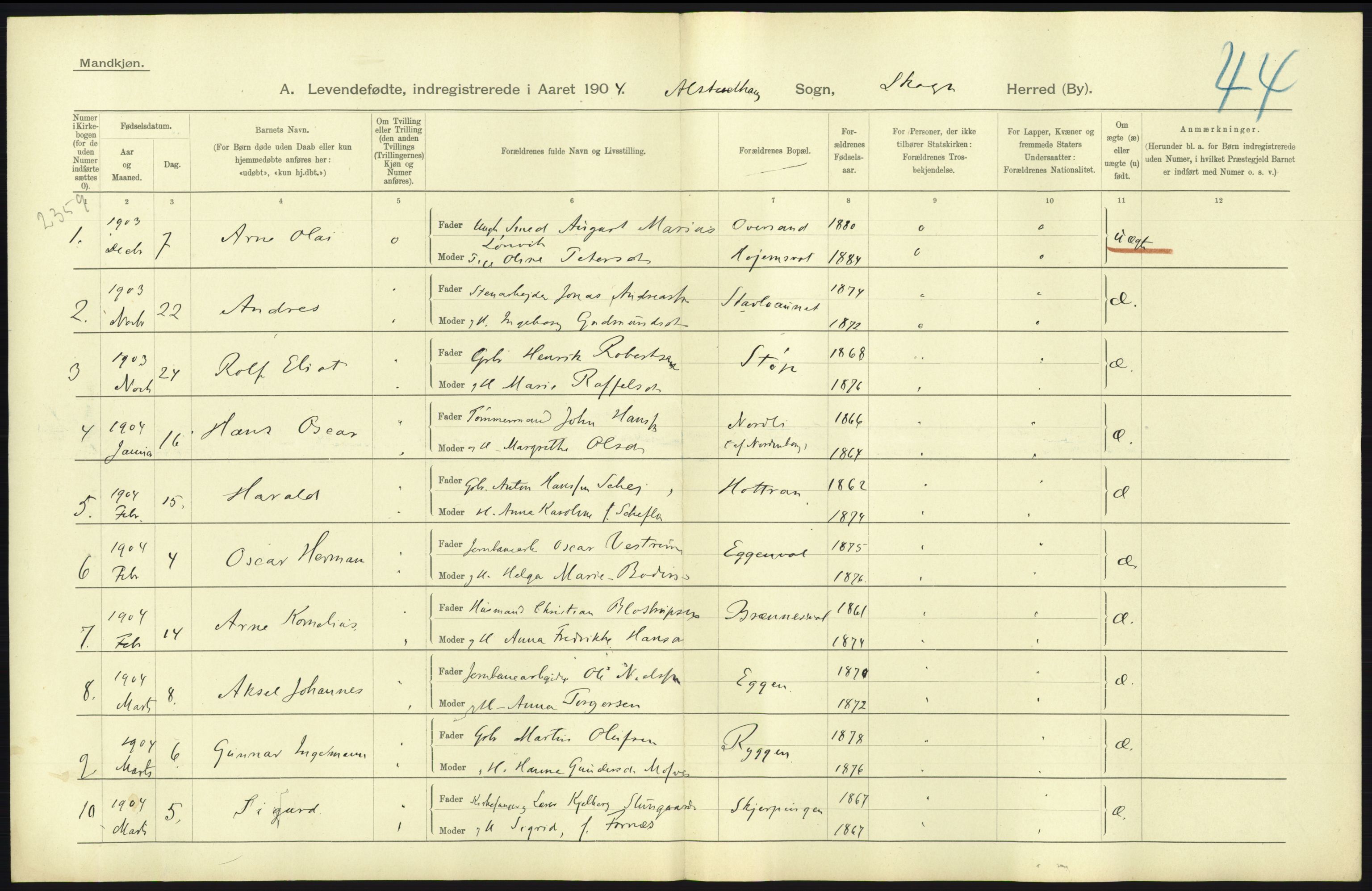 Statistisk sentralbyrå, Sosiodemografiske emner, Befolkning, AV/RA-S-2228/D/Df/Dfa/Dfab/L0019: Nordre Trondhjems amt: Fødte, gifte, døde, 1904, p. 119