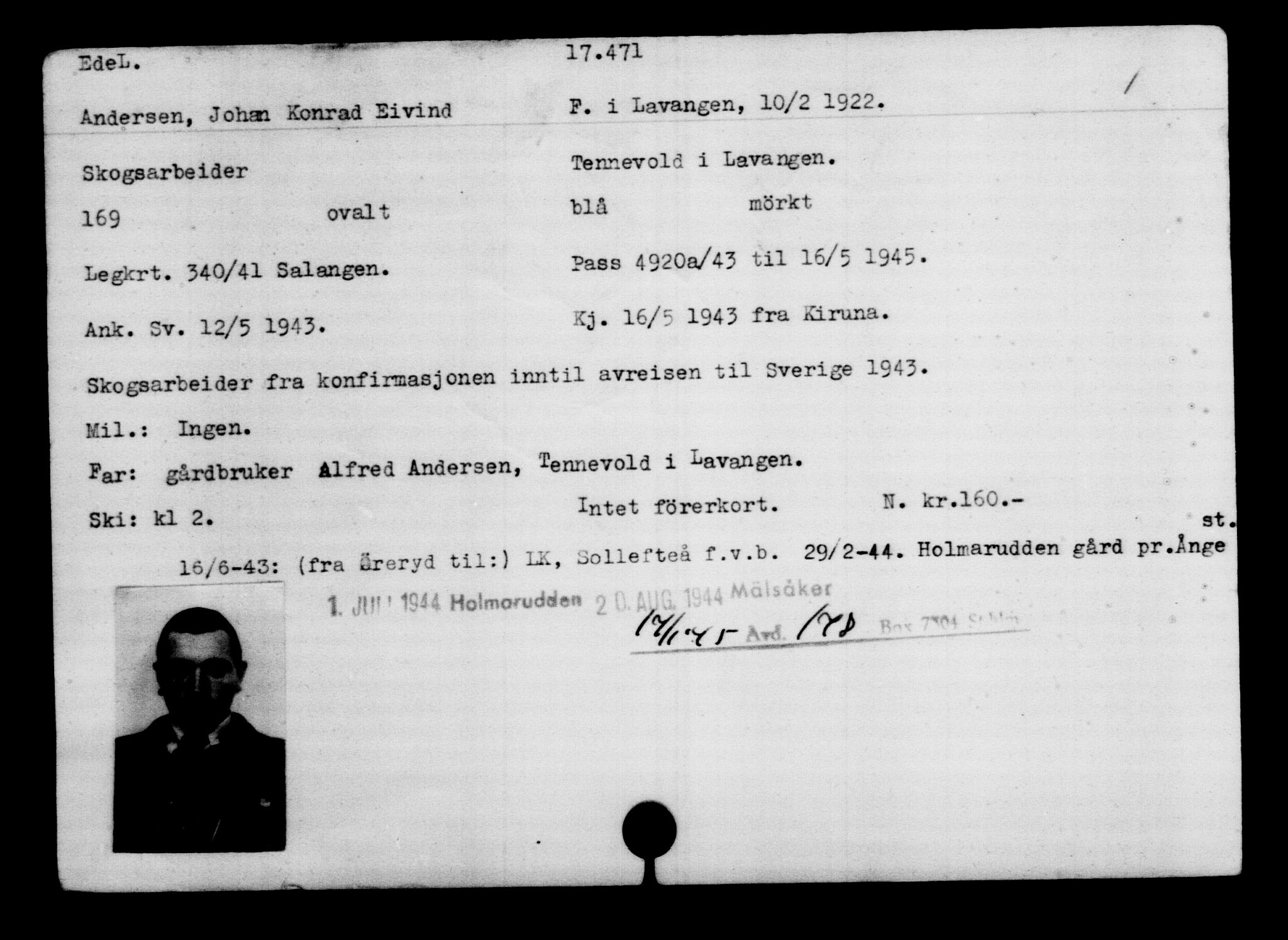 Utenriksstasjonene, Legasjonen i Stockholm, Flyktningkontoret, AV/RA-S-6753/V/Va/L0008: Kjesäterkartoteket, flyktninger med registreringsnr. 15700-18547, 1940-1945, p. 1957