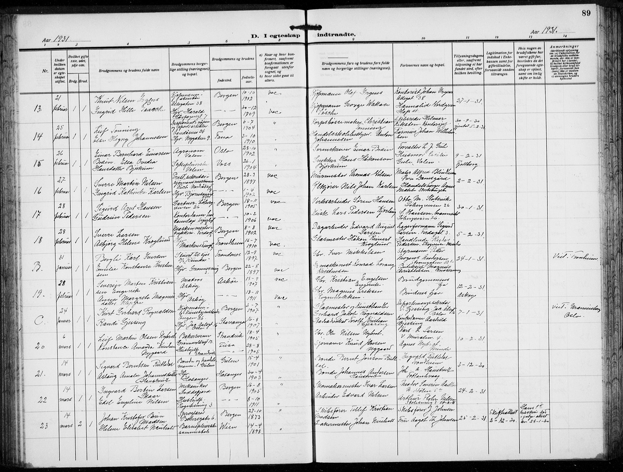 Domkirken sokneprestembete, AV/SAB-A-74801/H/Hab/L0034: Parish register (copy) no. D 6, 1924-1941, p. 89