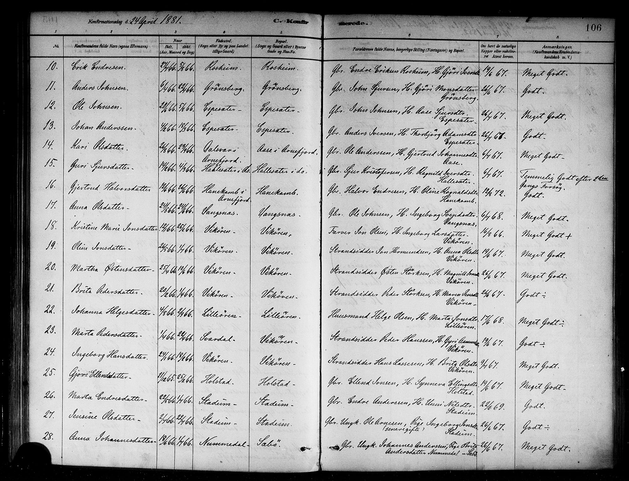 Vik sokneprestembete, SAB/A-81501: Parish register (official) no. B 1, 1878-1890, p. 106