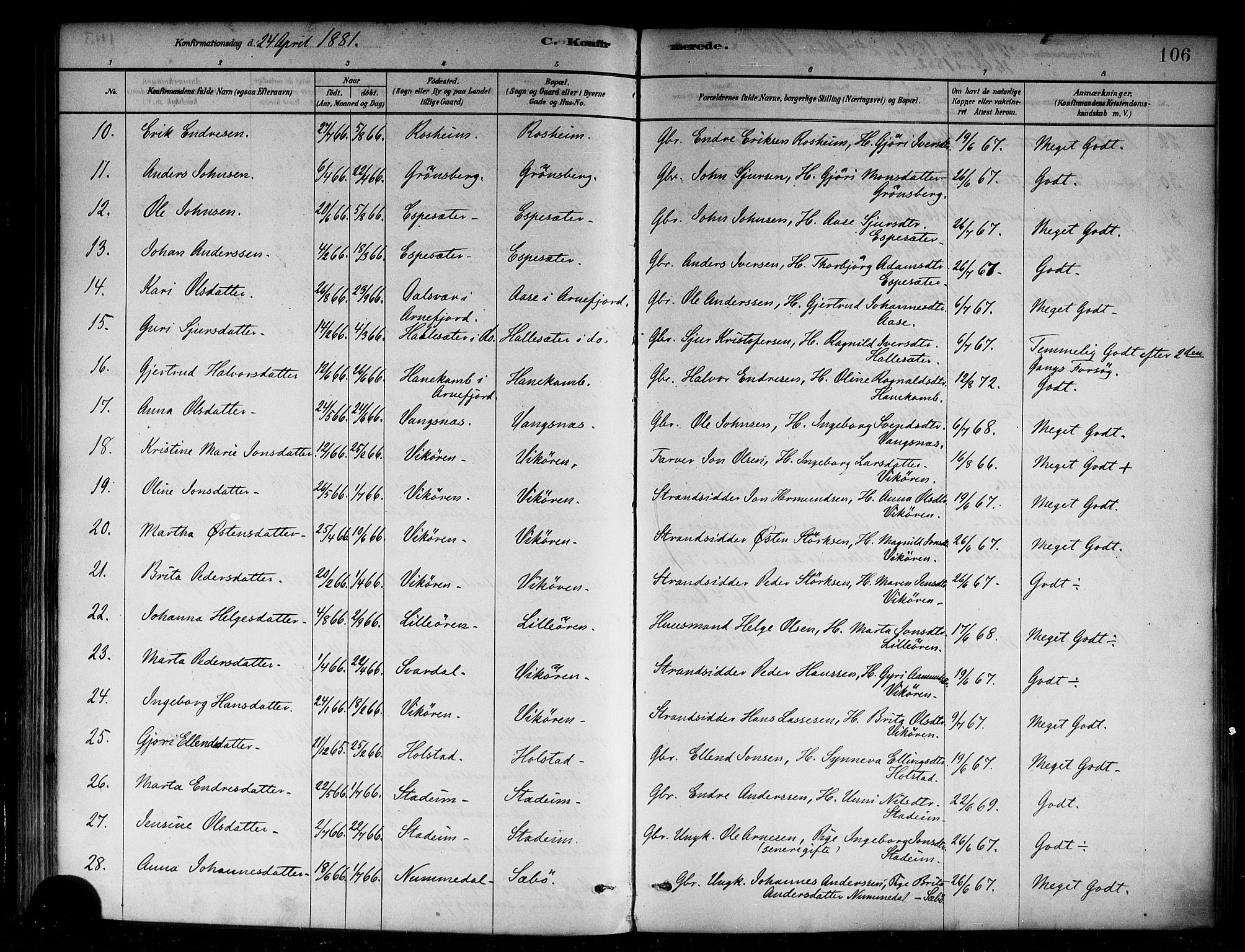 Vik sokneprestembete, AV/SAB-A-81501/H/Haa/Haab/L0001: Parish register (official) no. B 1, 1878-1890, p. 106