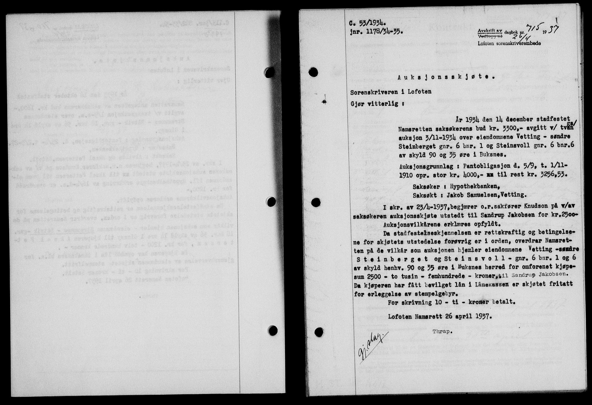 Lofoten sorenskriveri, SAT/A-0017/1/2/2C/L0002a: Mortgage book no. 2a, 1937-1937, Diary no: : 715/1937
