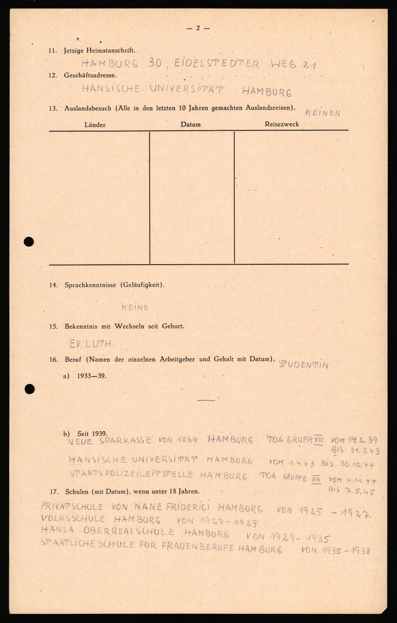 Forsvaret, Forsvarets overkommando II, RA/RAFA-3915/D/Db/L0031: CI Questionaires. Tyske okkupasjonsstyrker i Norge. Tyskere., 1945-1946, p. 3