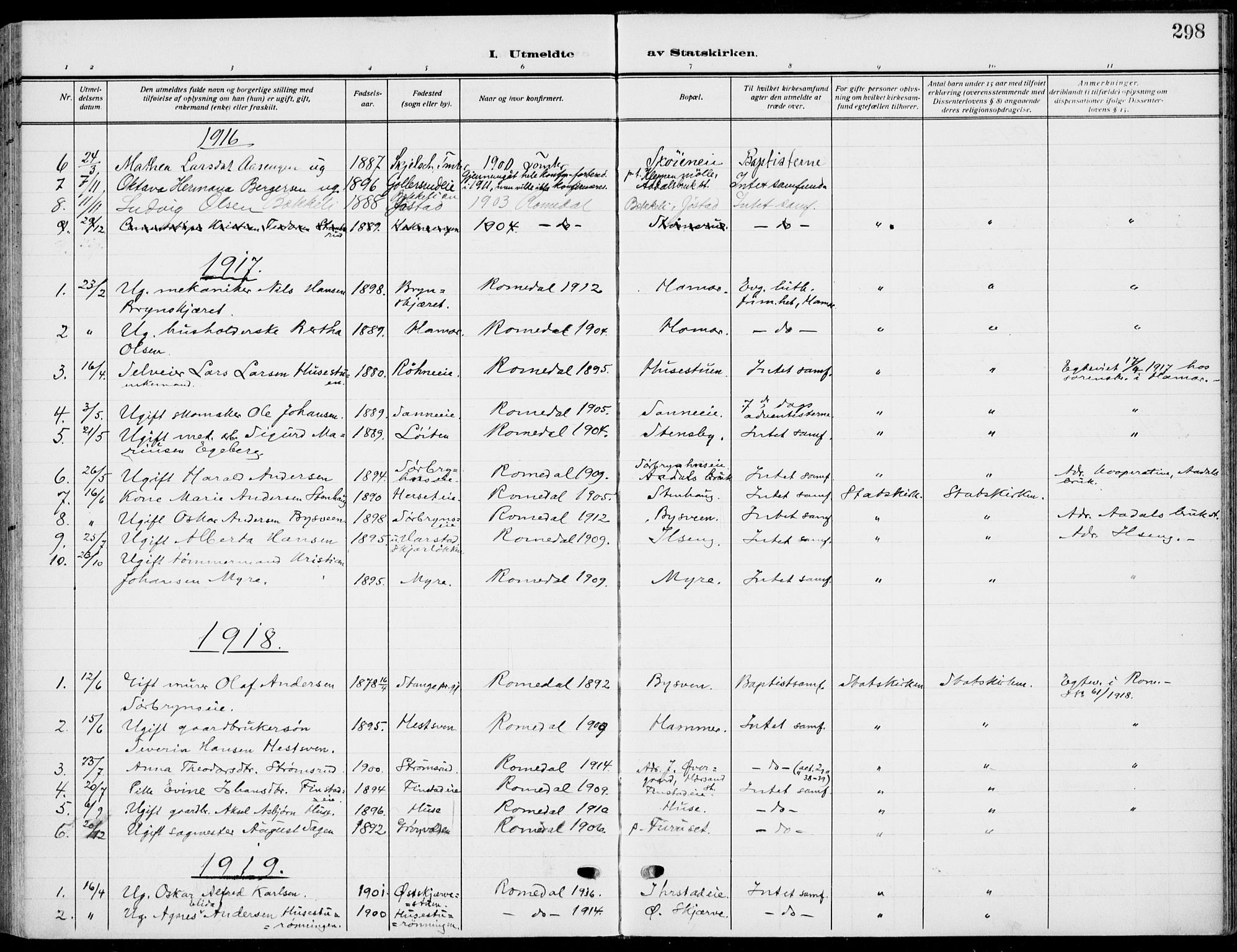Romedal prestekontor, SAH/PREST-004/K/L0012: Parish register (official) no. 12, 1913-1935, p. 298