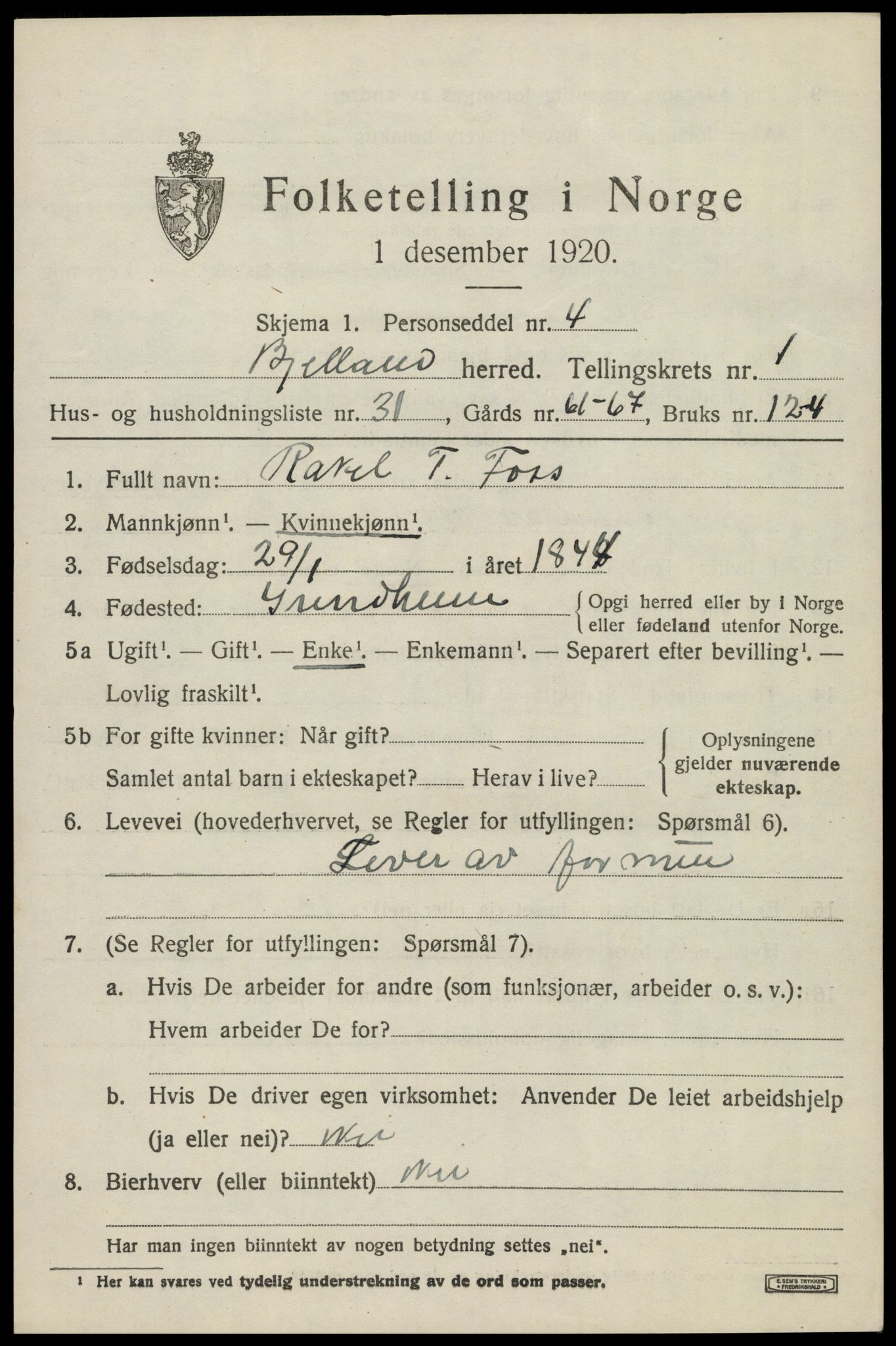 SAK, 1920 census for Bjelland, 1920, p. 701