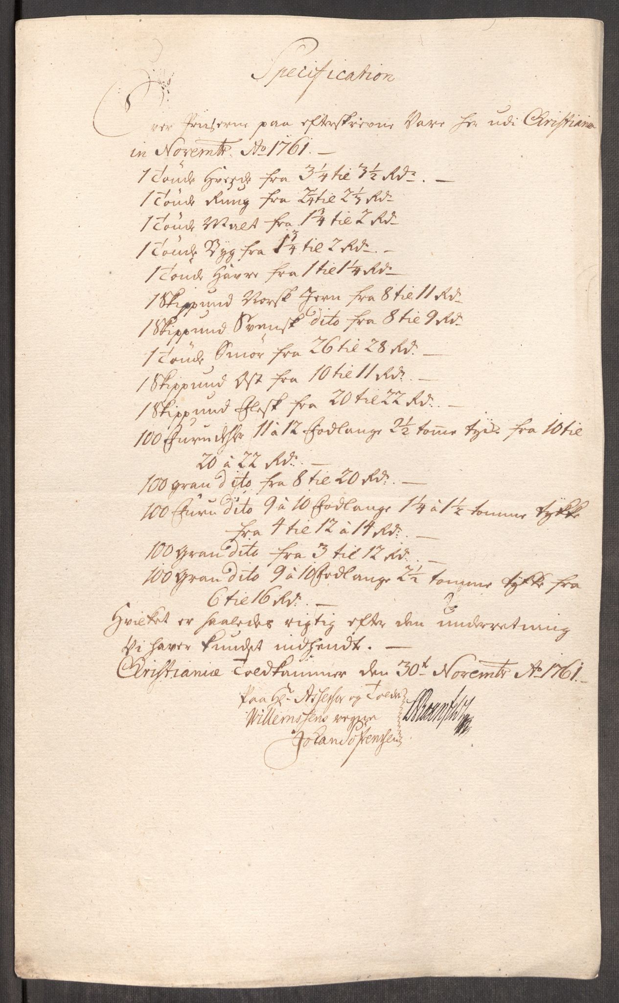 Rentekammeret inntil 1814, Realistisk ordnet avdeling, AV/RA-EA-4070/Oe/L0007: [Ø1]: Priskuranter, 1761-1763, p. 111