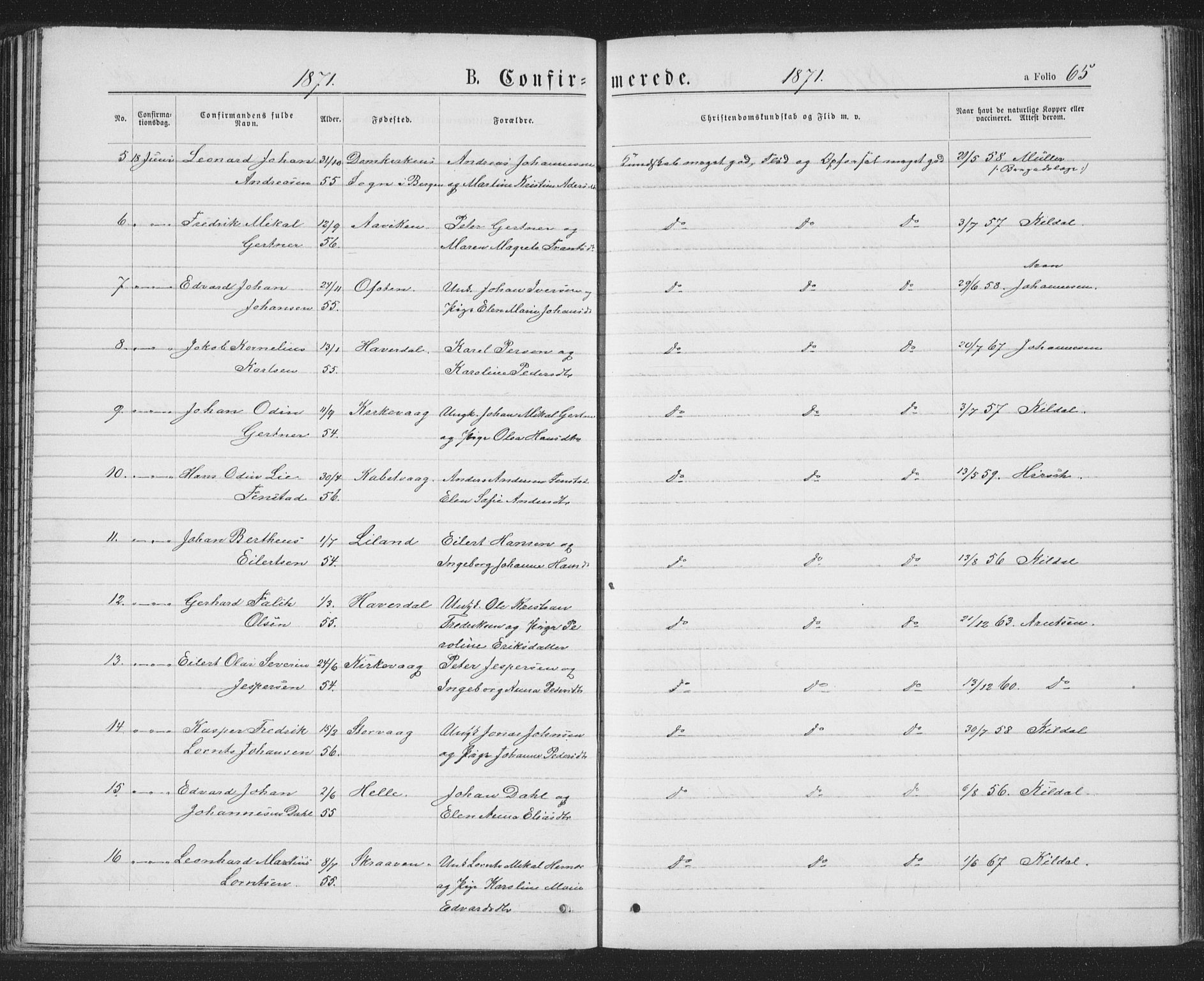 Ministerialprotokoller, klokkerbøker og fødselsregistre - Nordland, AV/SAT-A-1459/874/L1074: Parish register (copy) no. 874C03, 1870-1876, p. 65