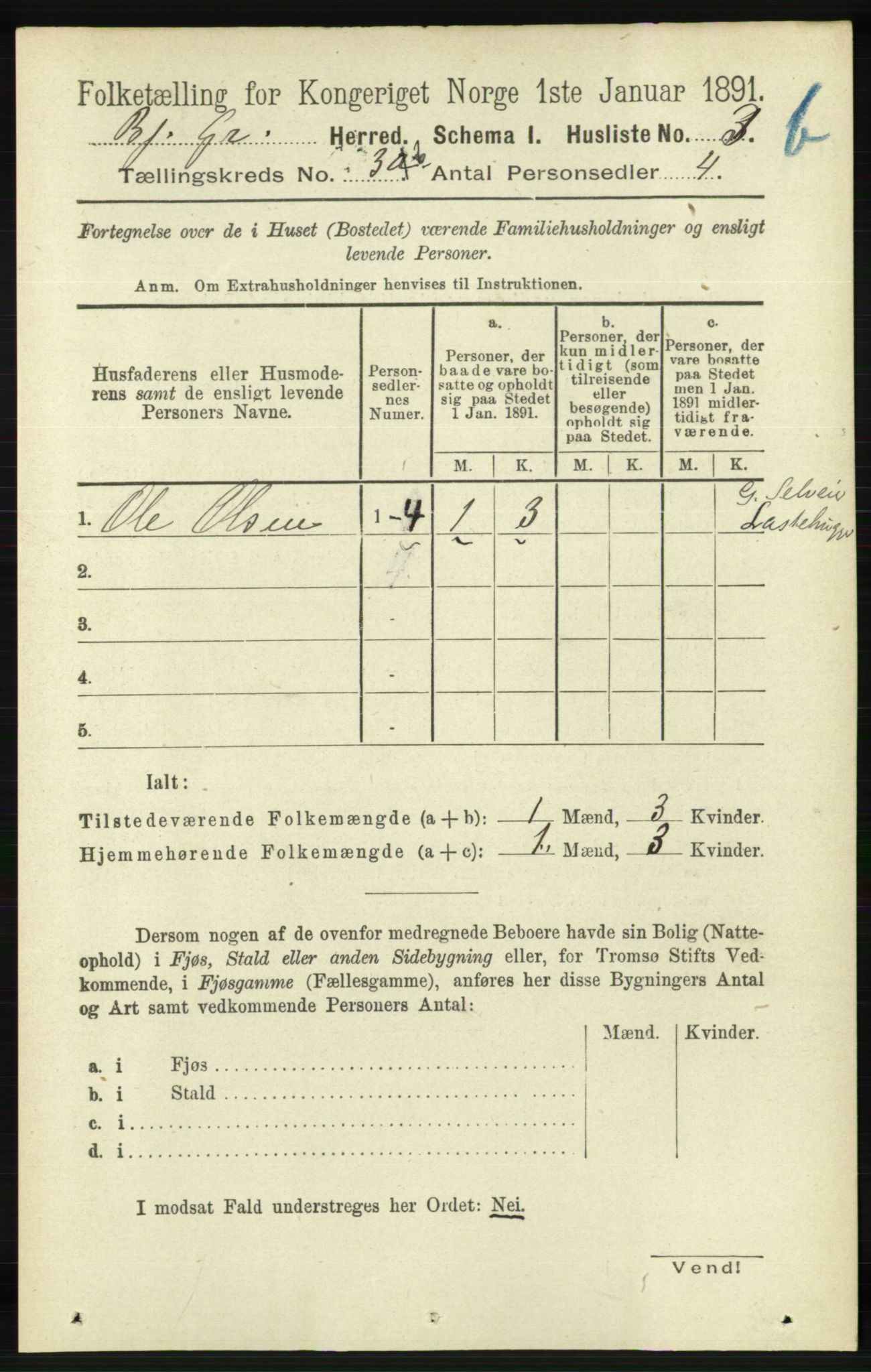 RA, 1891 census for 1024 Bjelland og Grindheim, 1891, p. 1751