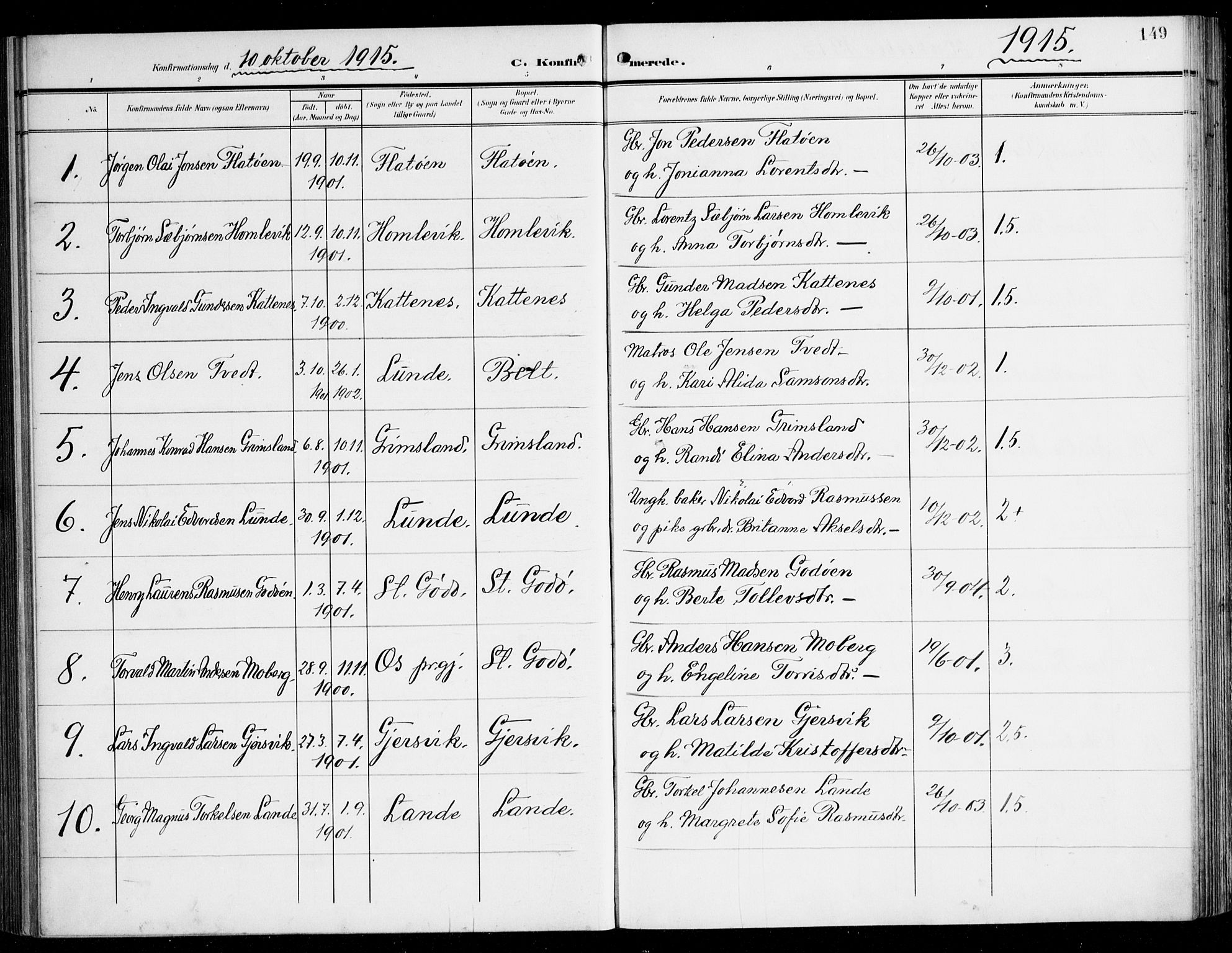 Tysnes sokneprestembete, SAB/A-78601/H/Haa: Parish register (official) no. B 2, 1907-1925, p. 149