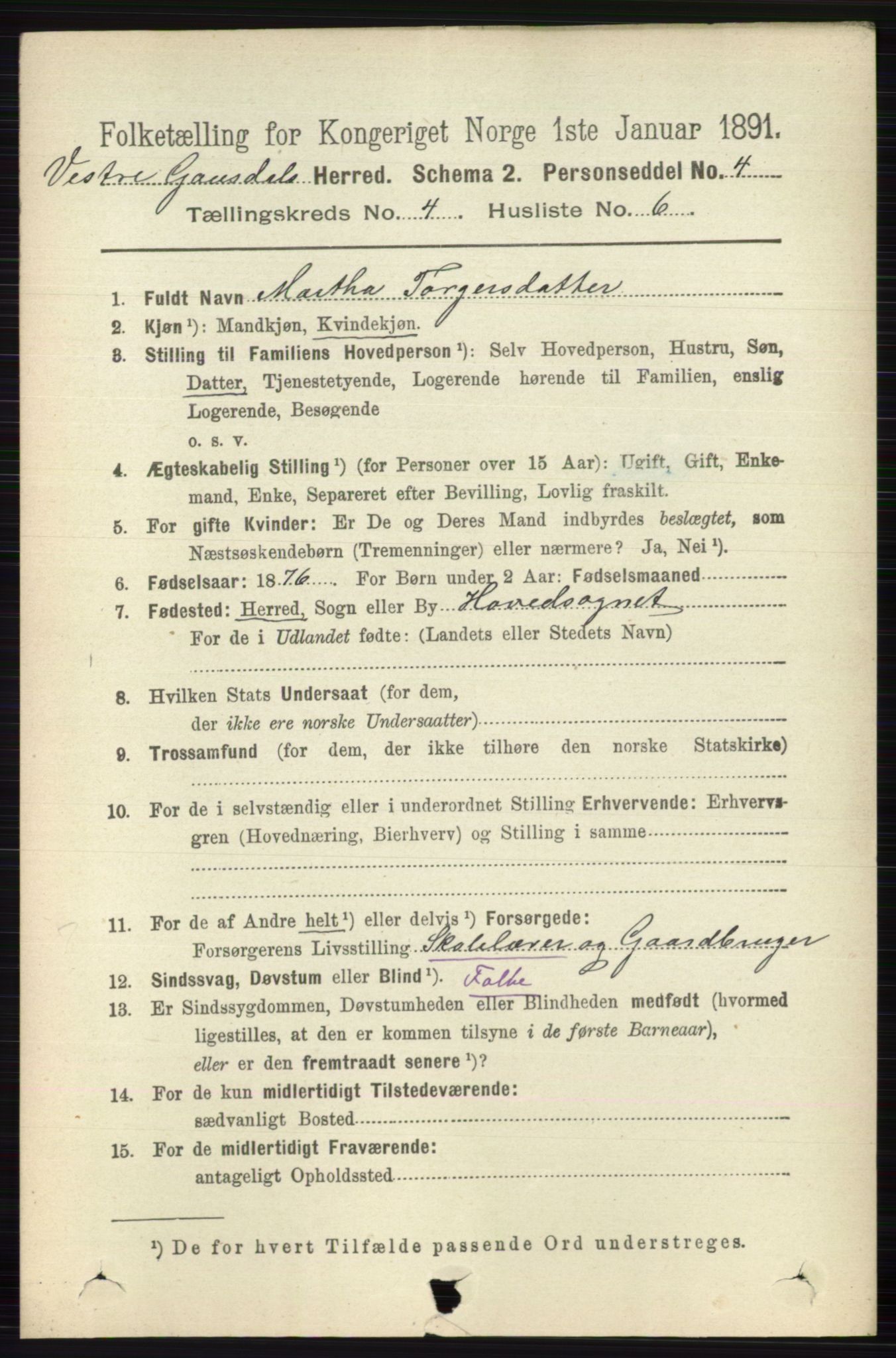 RA, 1891 census for 0523 Vestre Gausdal, 1891, p. 1743