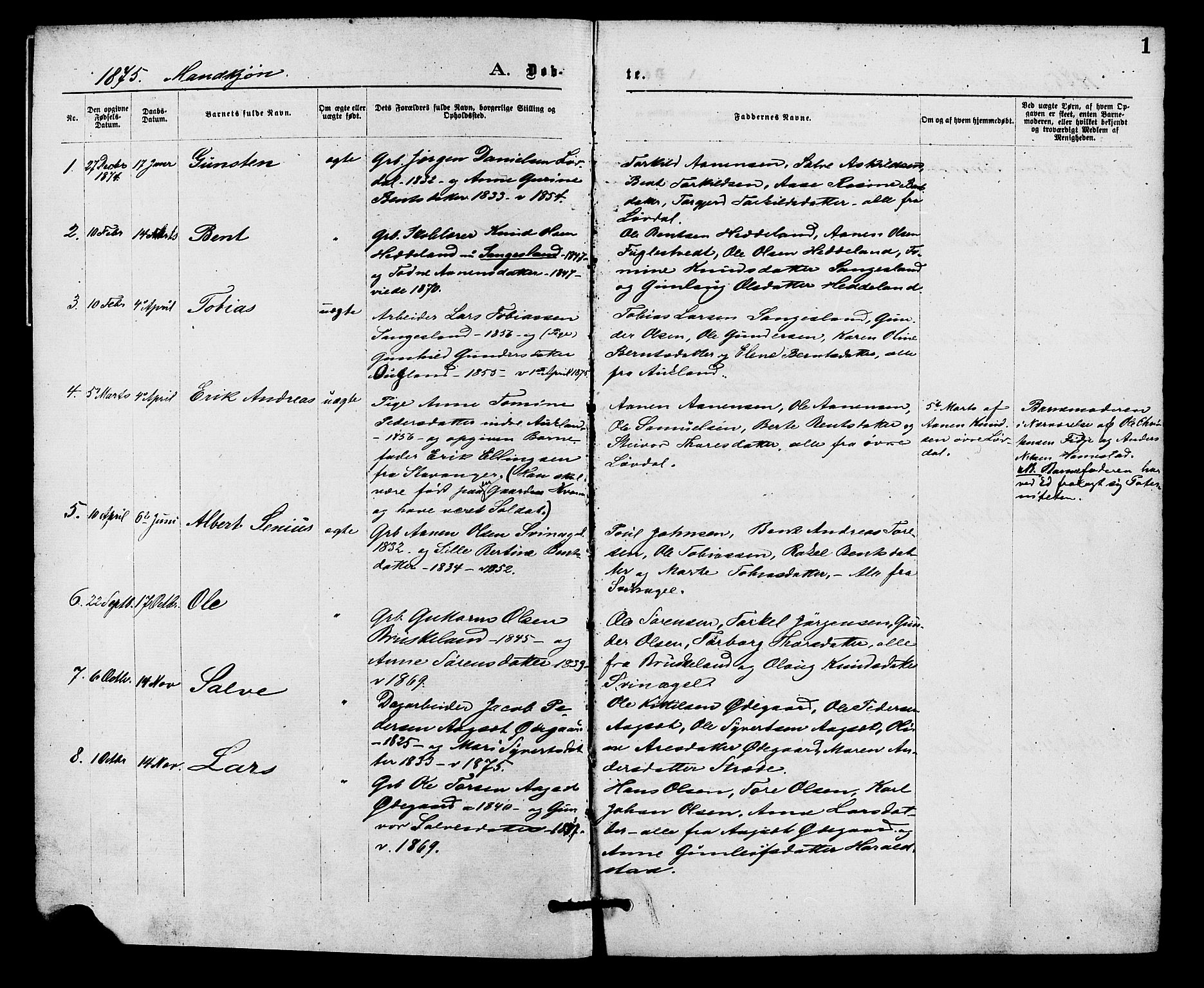 Holum sokneprestkontor, SAK/1111-0022/F/Fa/Fab/L0006: Parish register (official) no. A 6, 1875-1886, p. 1