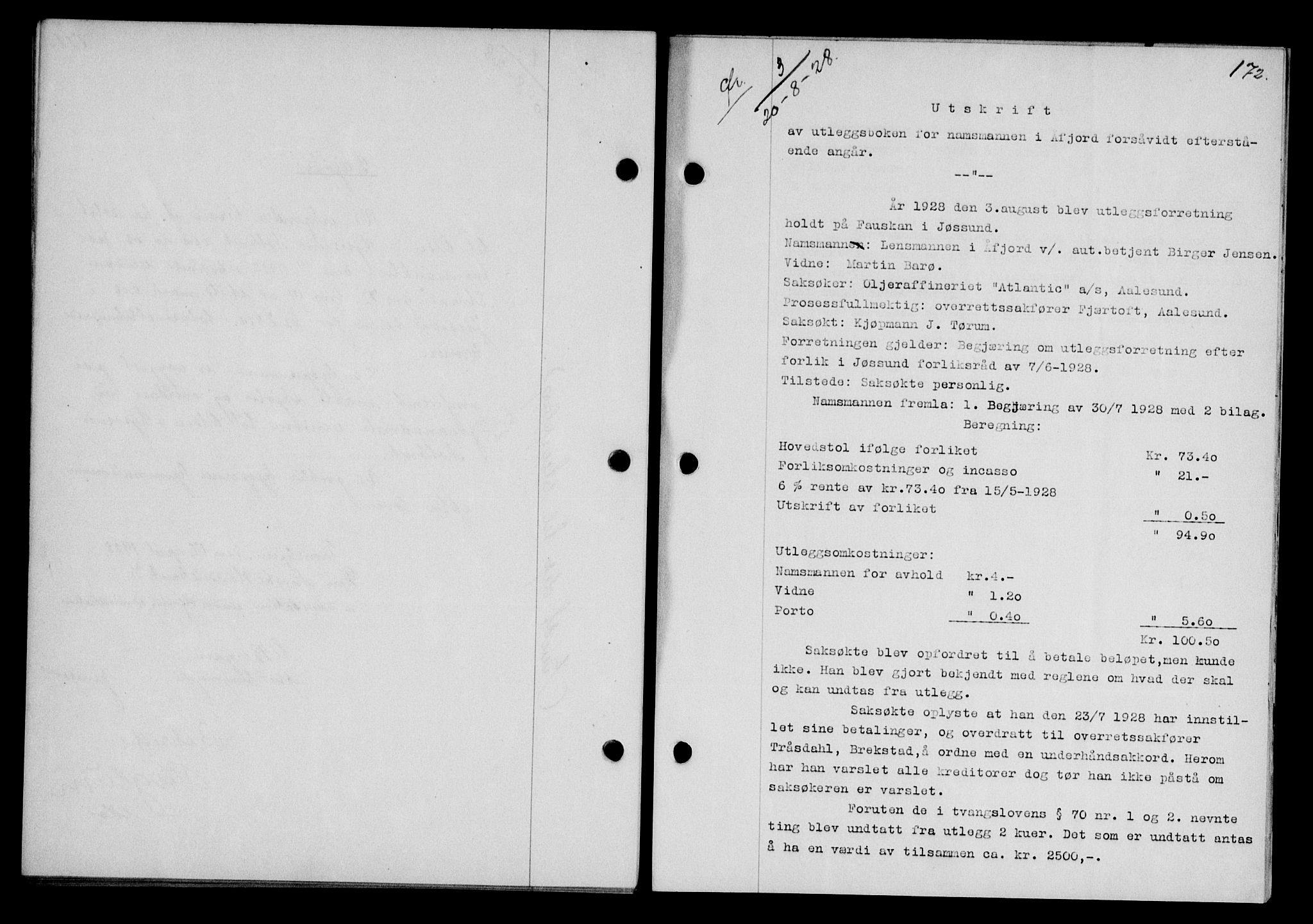 Fosen sorenskriveri, AV/SAT-A-1107/1/2/2C/L0067: Mortgage book no. 58, 1928-1929, p. 172, Deed date: 20.08.1928