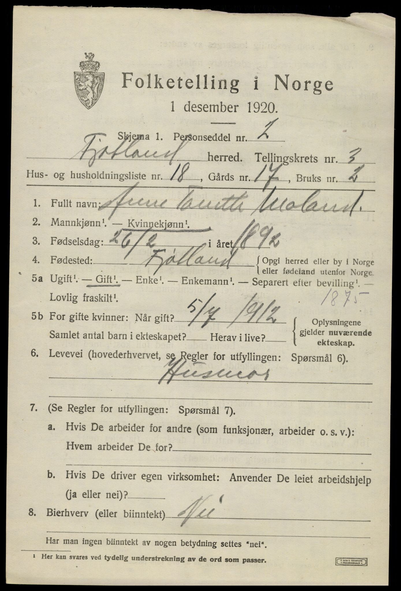 SAK, 1920 census for Fjotland, 1920, p. 1172