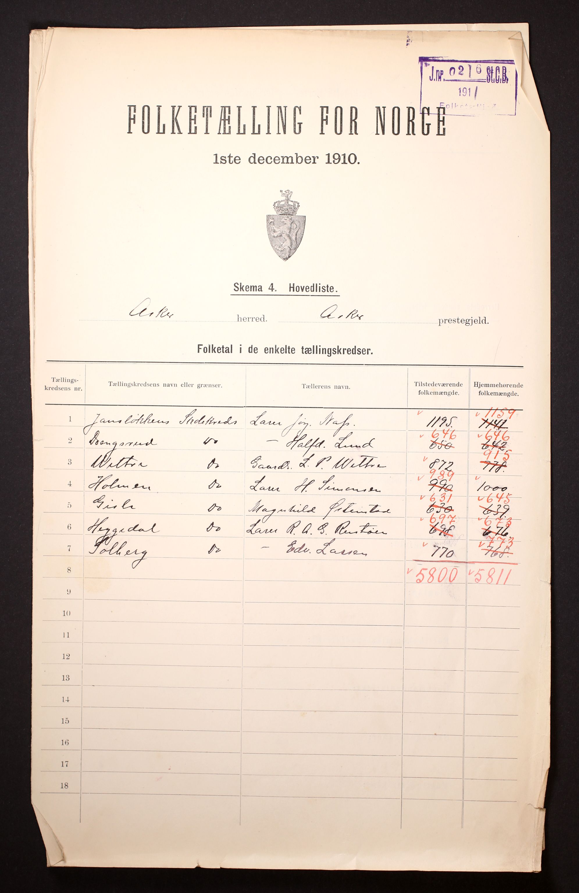 RA, 1910 census for Asker, 1910, p. 2